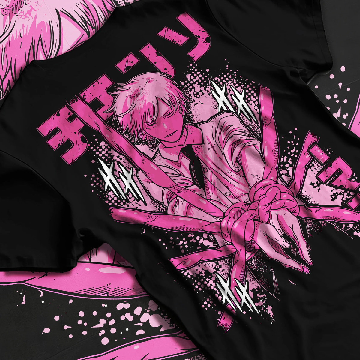 Black T-shirt flat back view showing Denji / Chainsaw Man character: pink manga-style portrait