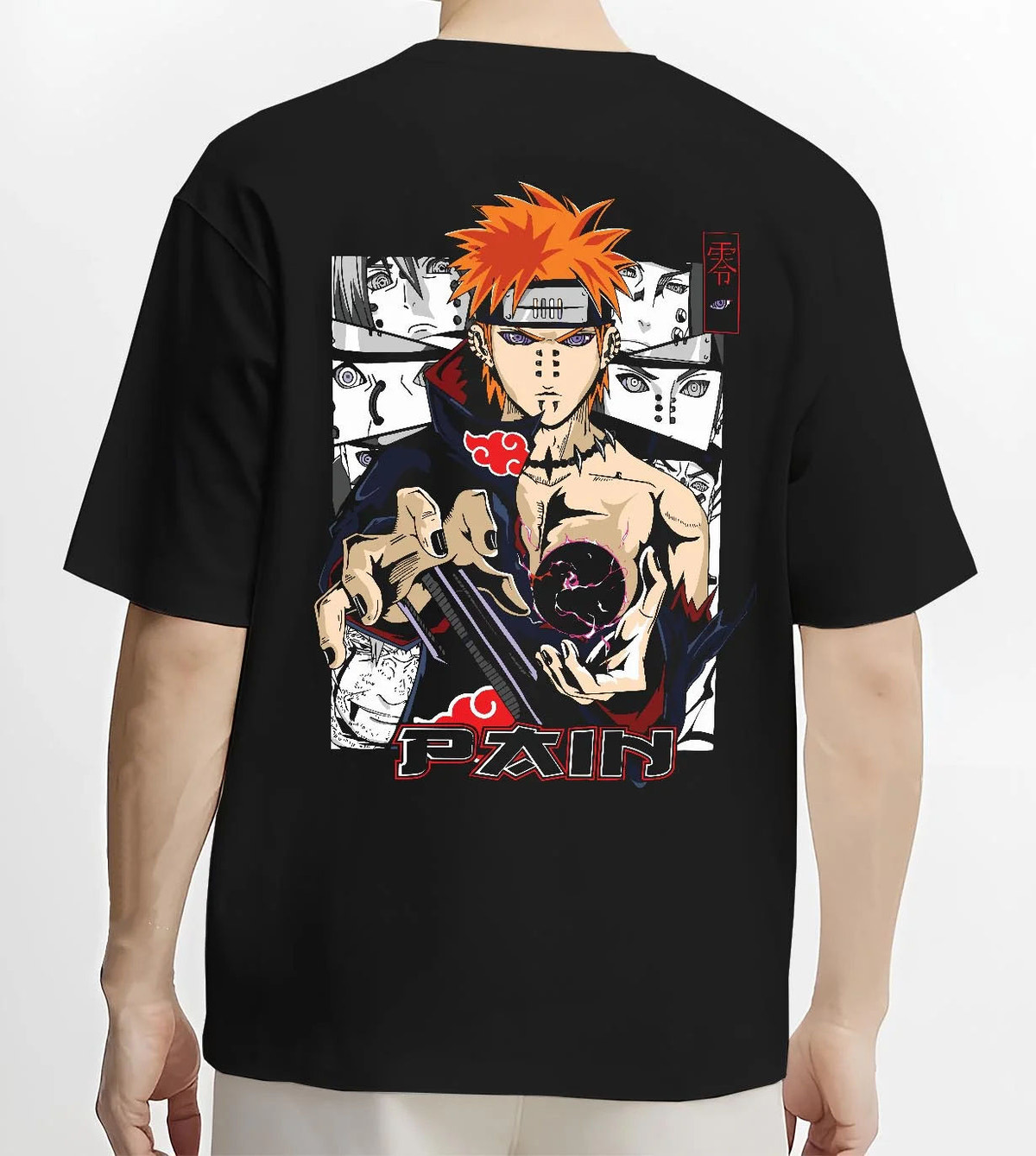 Black T-shirt worn by male model from the back featuring Pain Naruto Akatsuki Rinnegan Six Paths artwork.