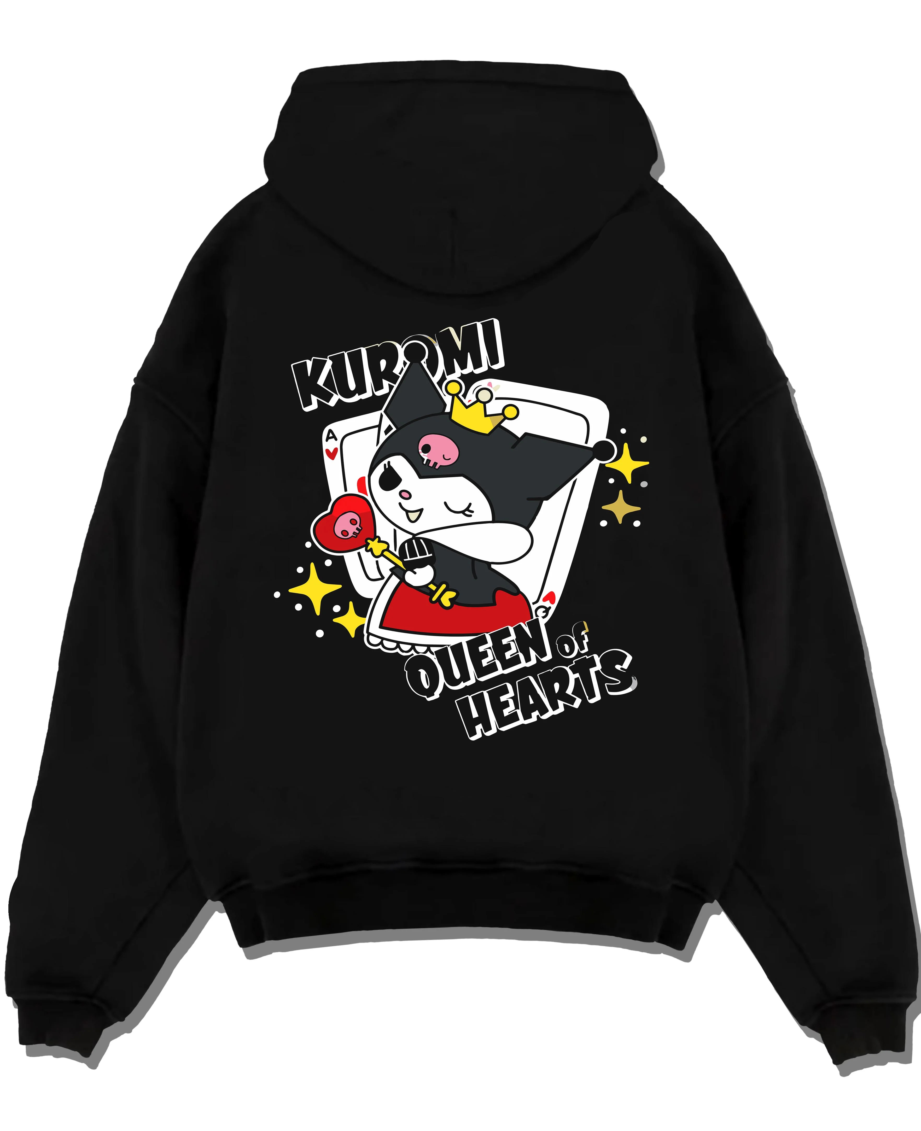 Black pullover hoodie laid flat with Sanrio Kuromi Hoodie Queen of Hearts Cute Jumper graphic premium wear.
