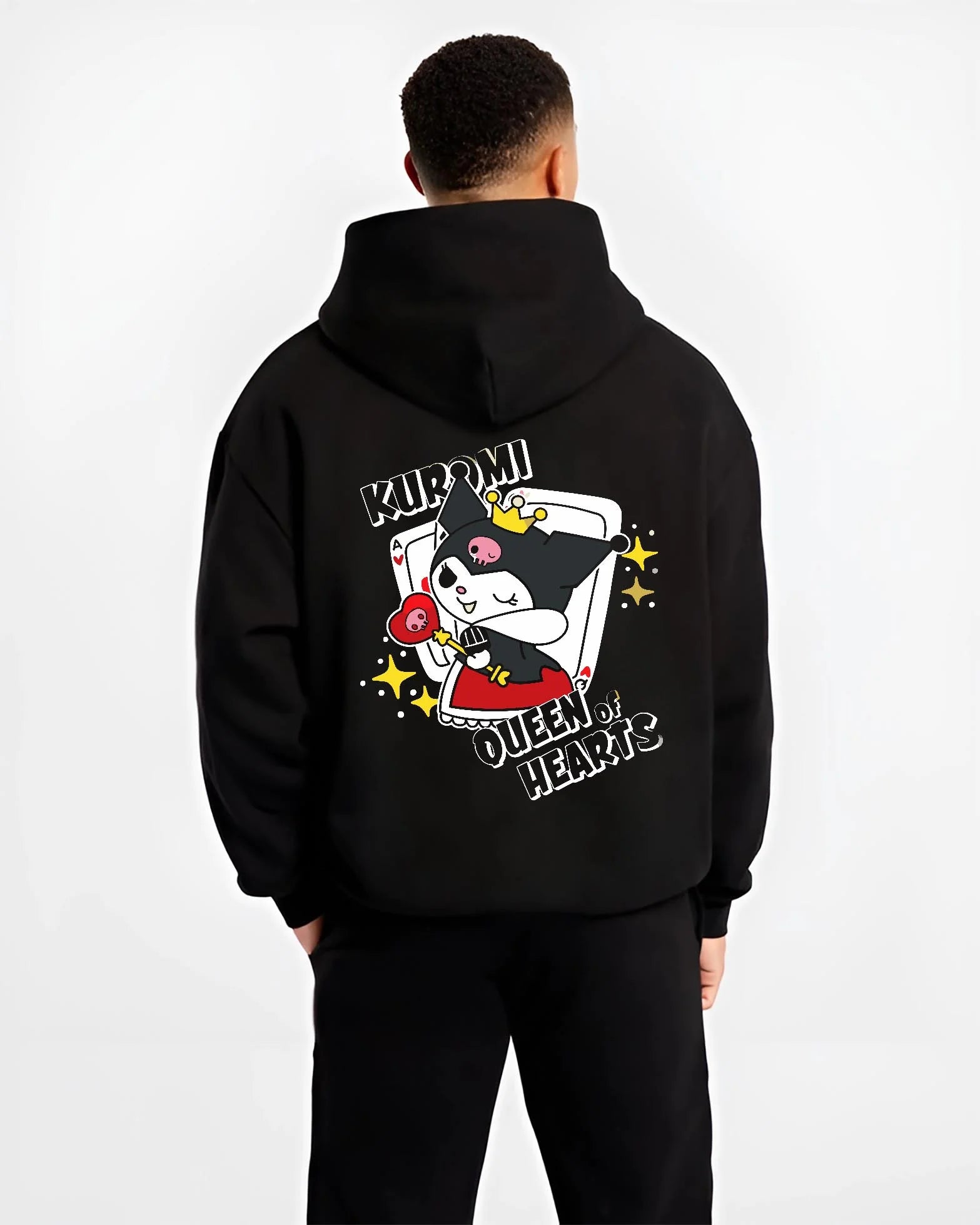 Black hoodie worn by male model, back view with Sanrio Kuromi Hoodie Queen of Hearts Cute Jumper graphic streetwear graphic.