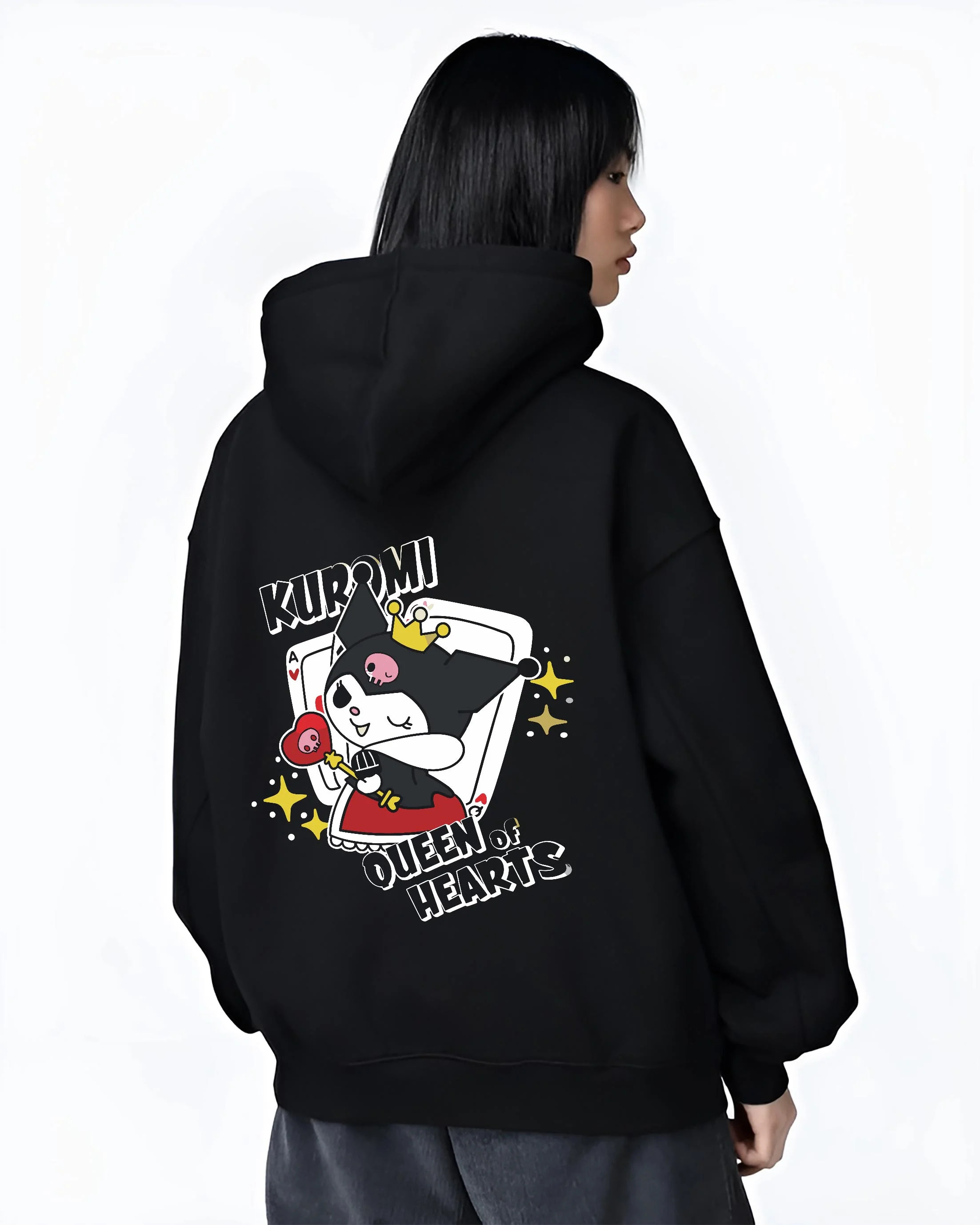 Black hoodie worn by female model, back view with Sanrio Kuromi Hoodie Queen of Hearts Cute Jumper graphic streetwear graphic.