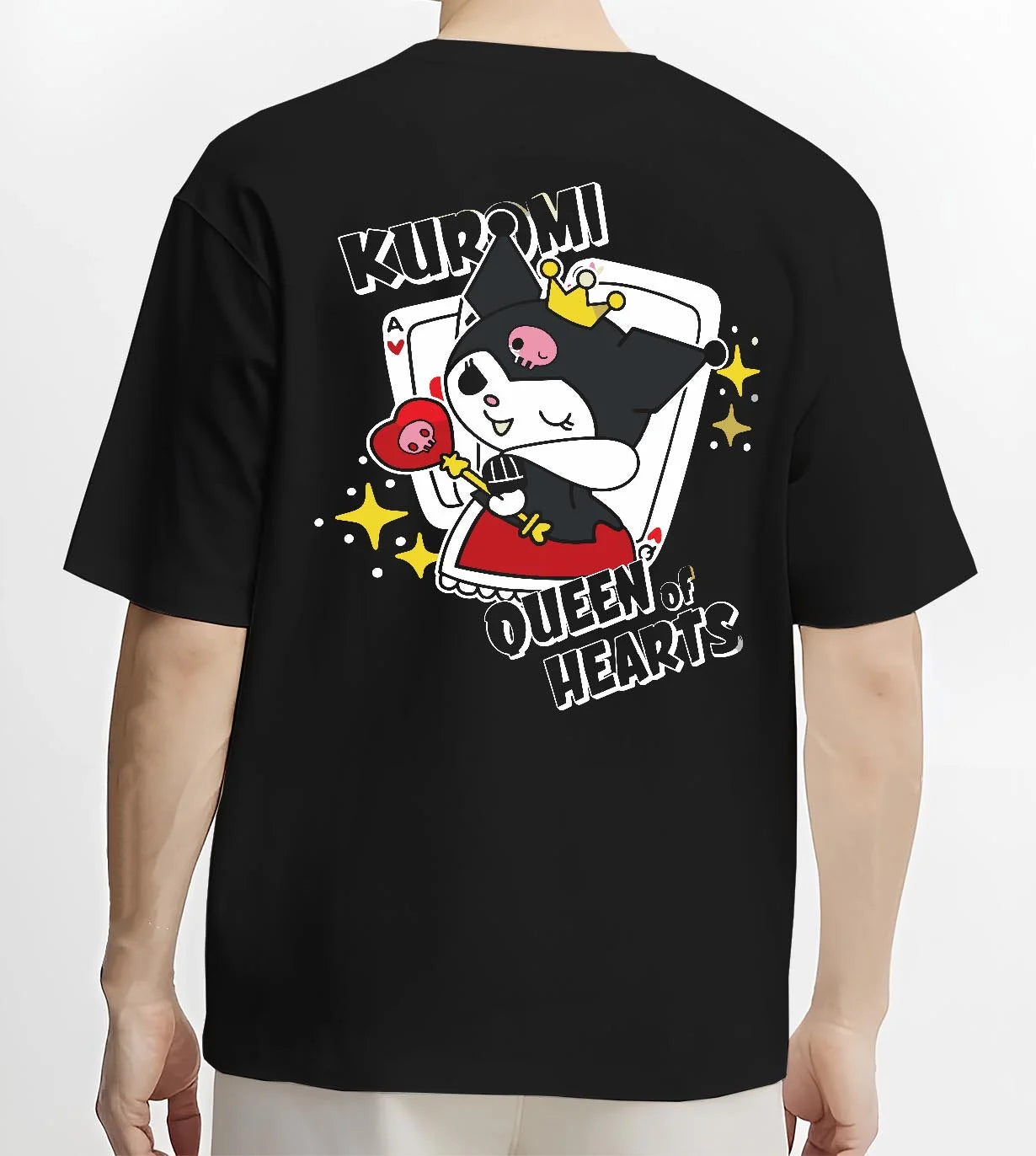 Black T-shirt worn by male model, back view with Sanrio Kuromi Hoodie Queen of Hearts Cute Jumper graphic Kuromi anime design.
