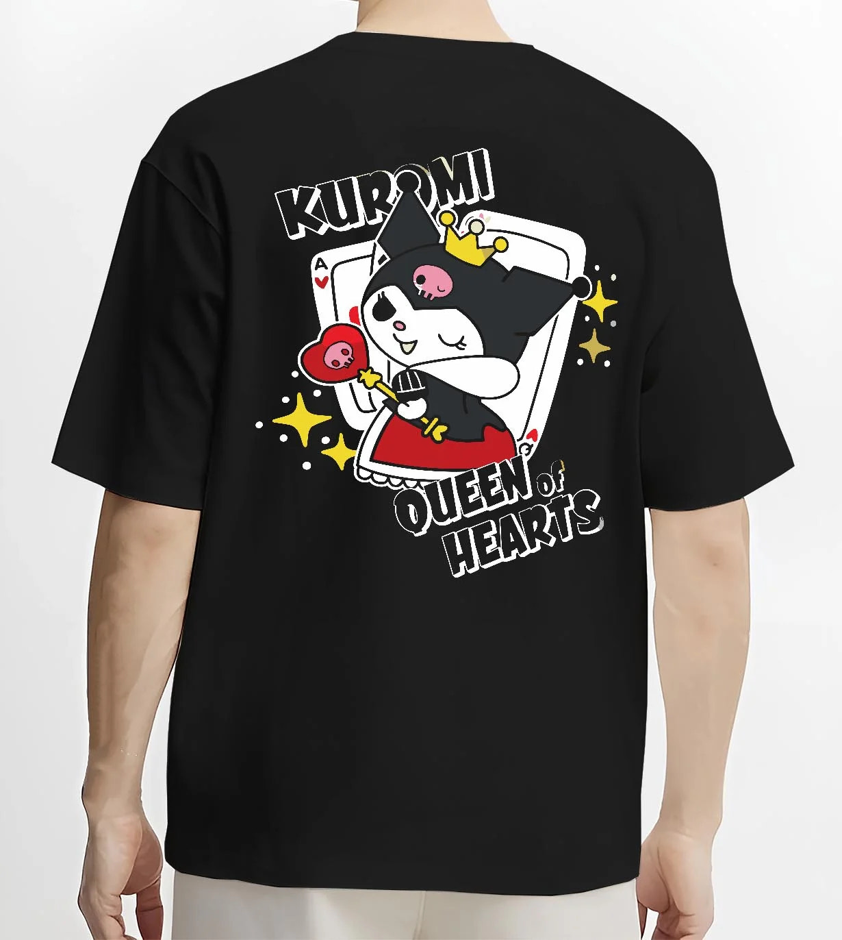 Black T-shirt worn by male model, back view with Sanrio Kuromi Hoodie Queen of Hearts Cute Jumper graphic Kuromi anime design.