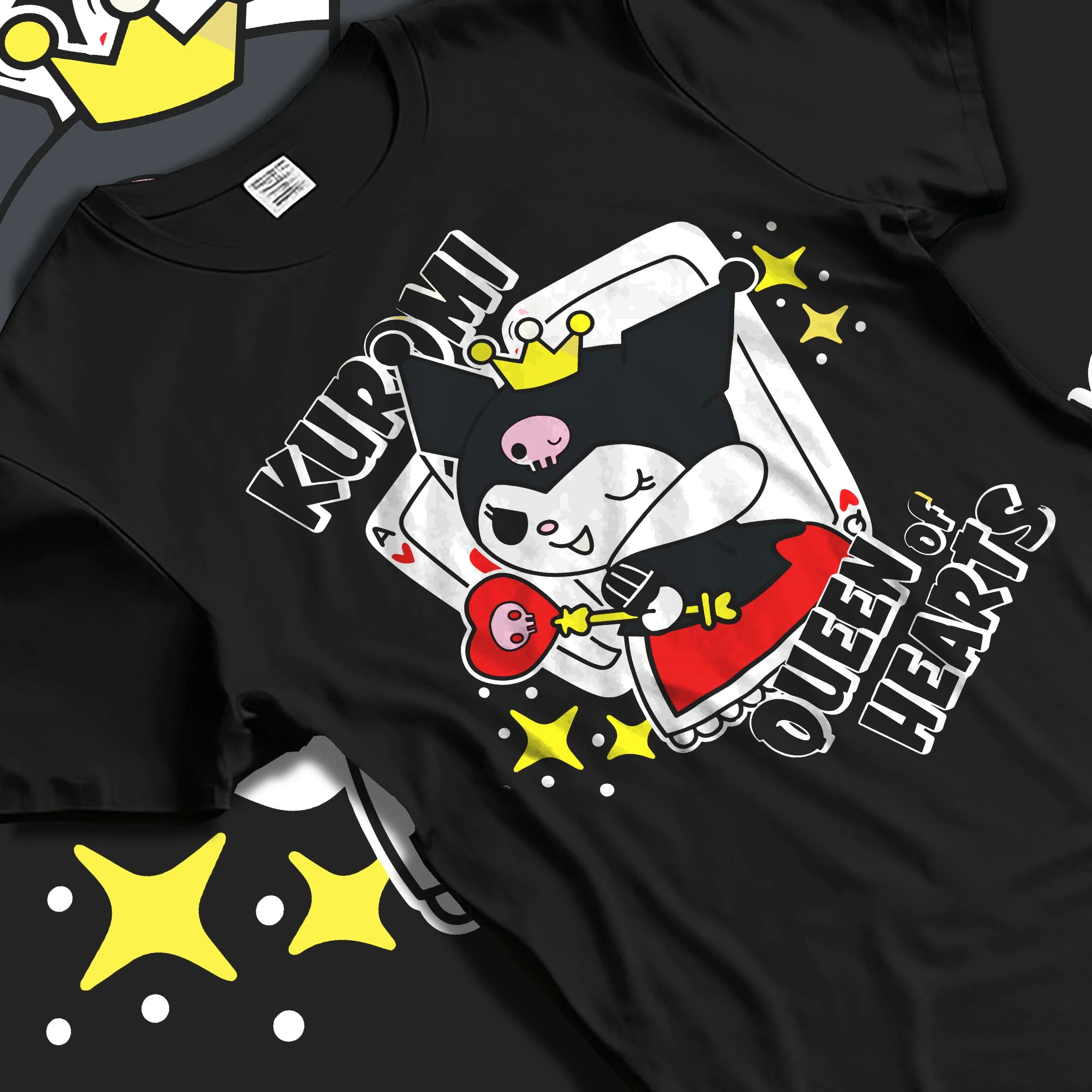 Black T-shirt laid flat with natural folds with Sanrio Kuromi Hoodie Queen of Hearts Cute Jumper graphic premium wear.