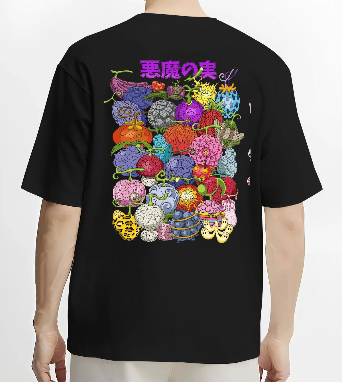 Black T-shirt model back view showing Devil Fruits from One Piece: various designs