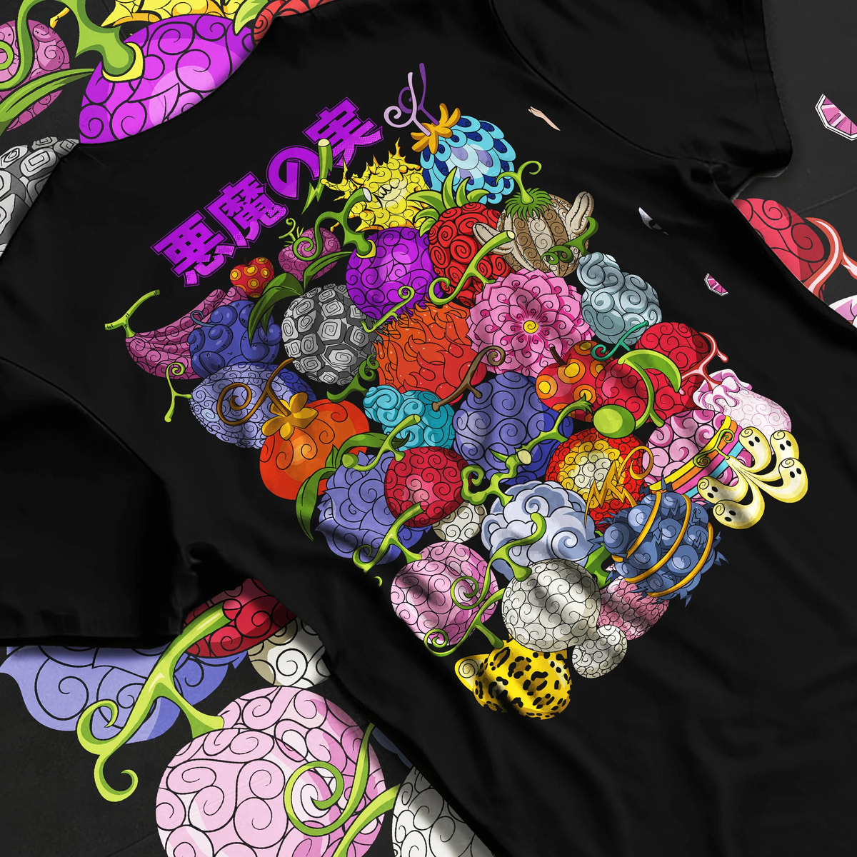 Black T-shirt flat back view showing Devil Fruits from One Piece: various designs