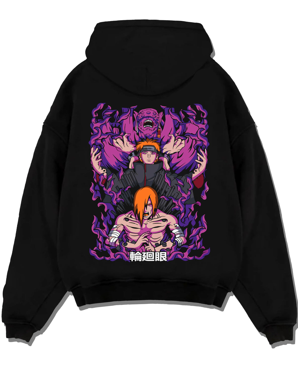 Black hoodie laid flat featuring Pain Naruto Deva Path Almighty Push artwork.