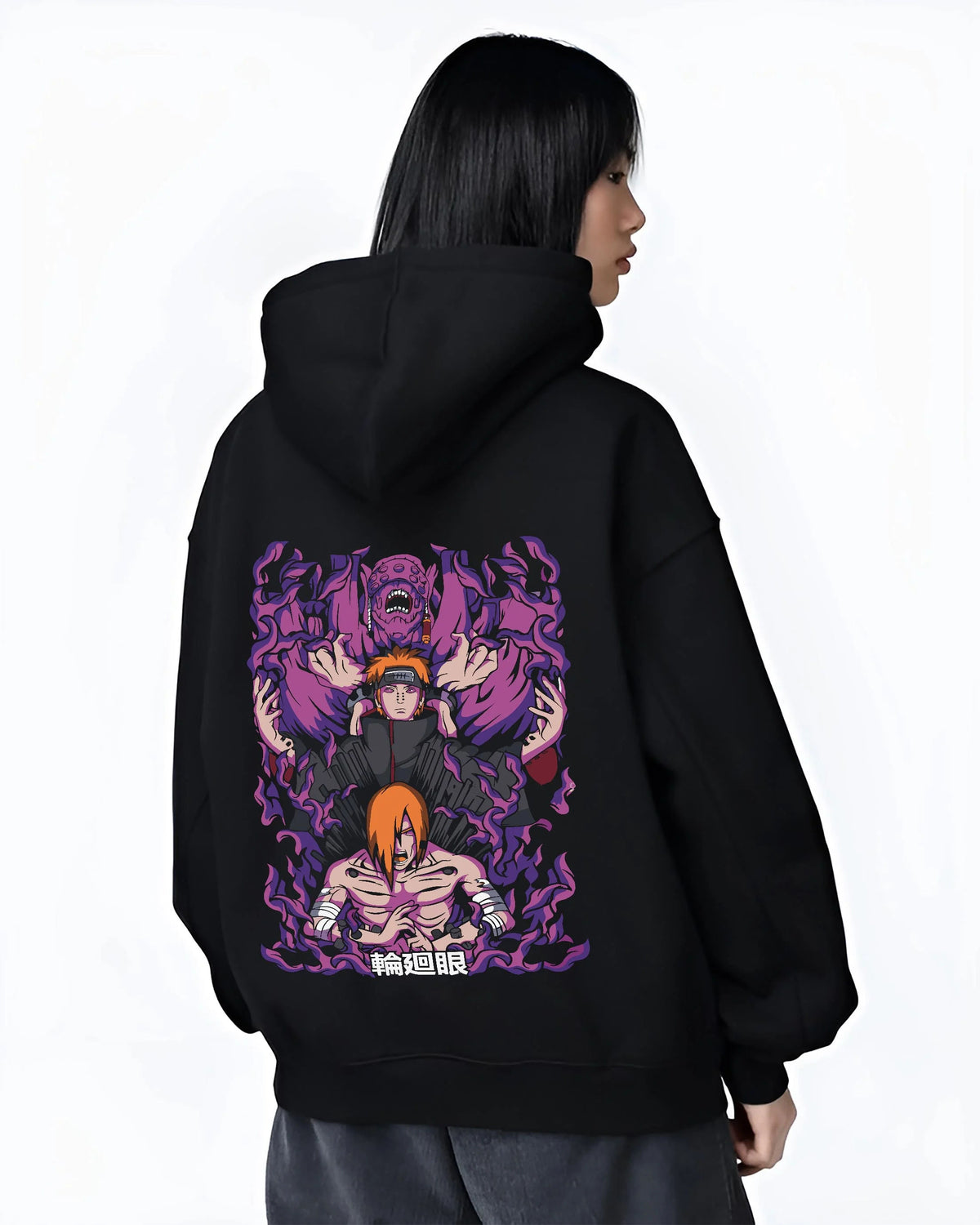 Black hoodie worn by female model from the back featuring Pain Naruto Deva Path Almighty Push artwork.