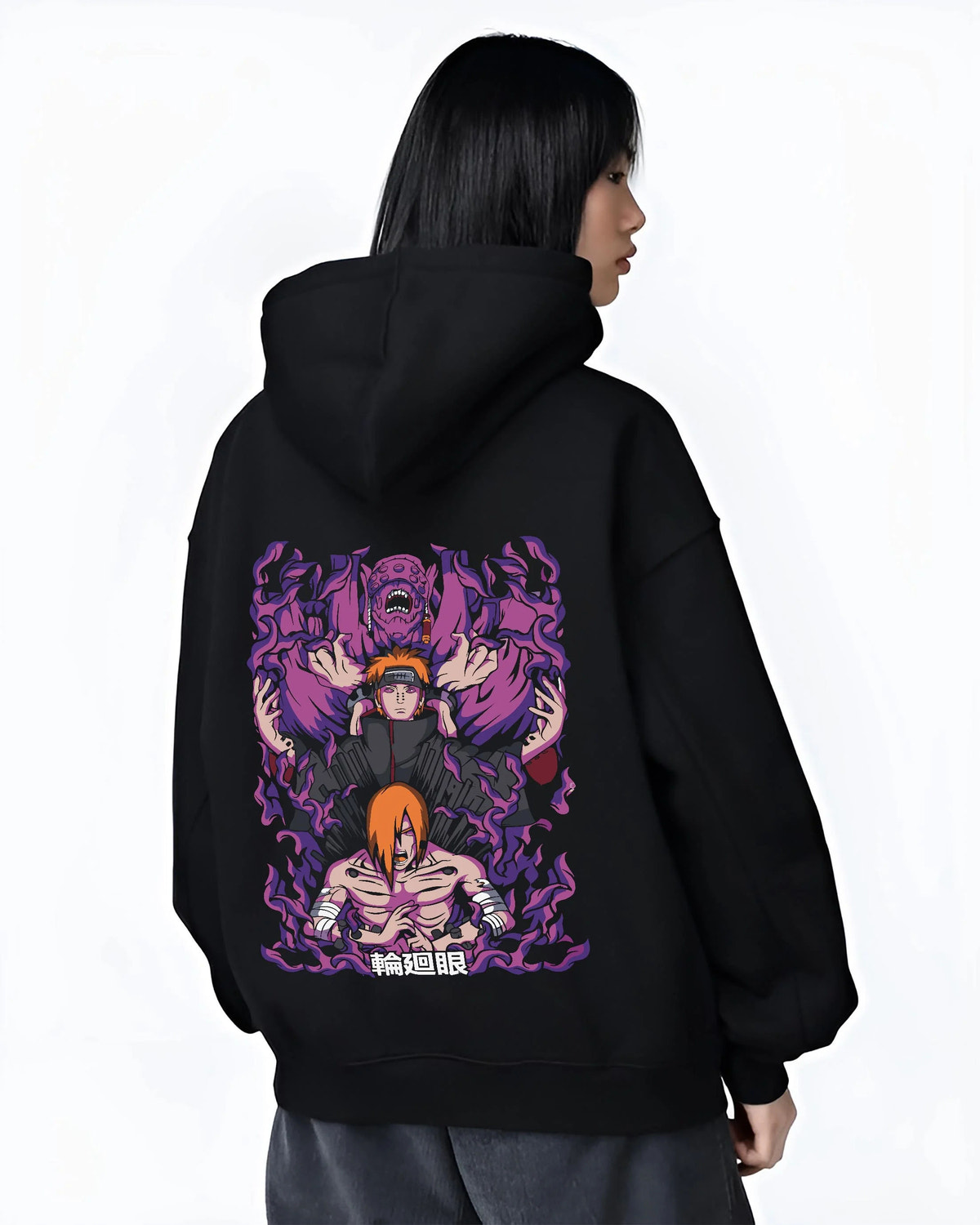 Black hoodie worn by female model from the back featuring Pain Naruto Deva Path Almighty Push artwork.