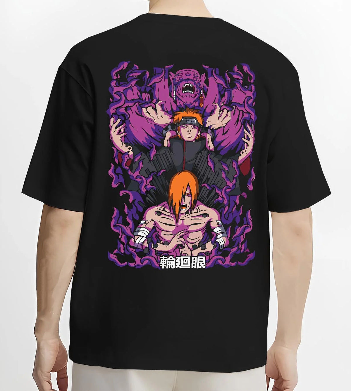 Black T-shirt worn by male model from the back featuring Pain Naruto Deva Path Almighty Push artwork.