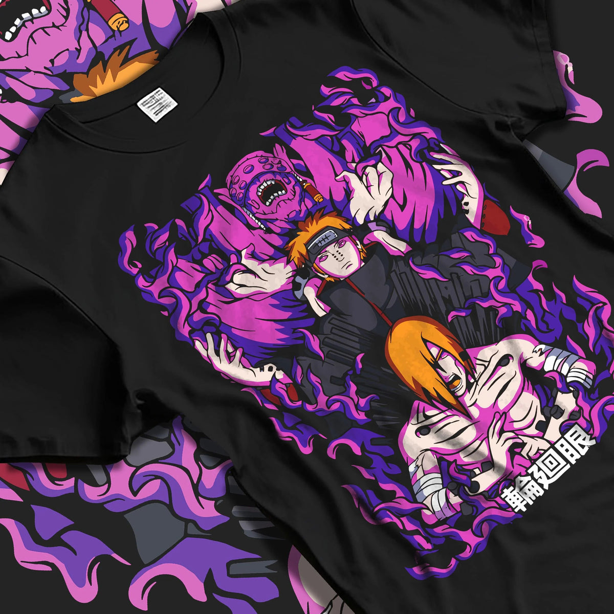 Black T-shirt laid flat with natural folds featuring Pain Naruto Deva Path Almighty Push artwork.