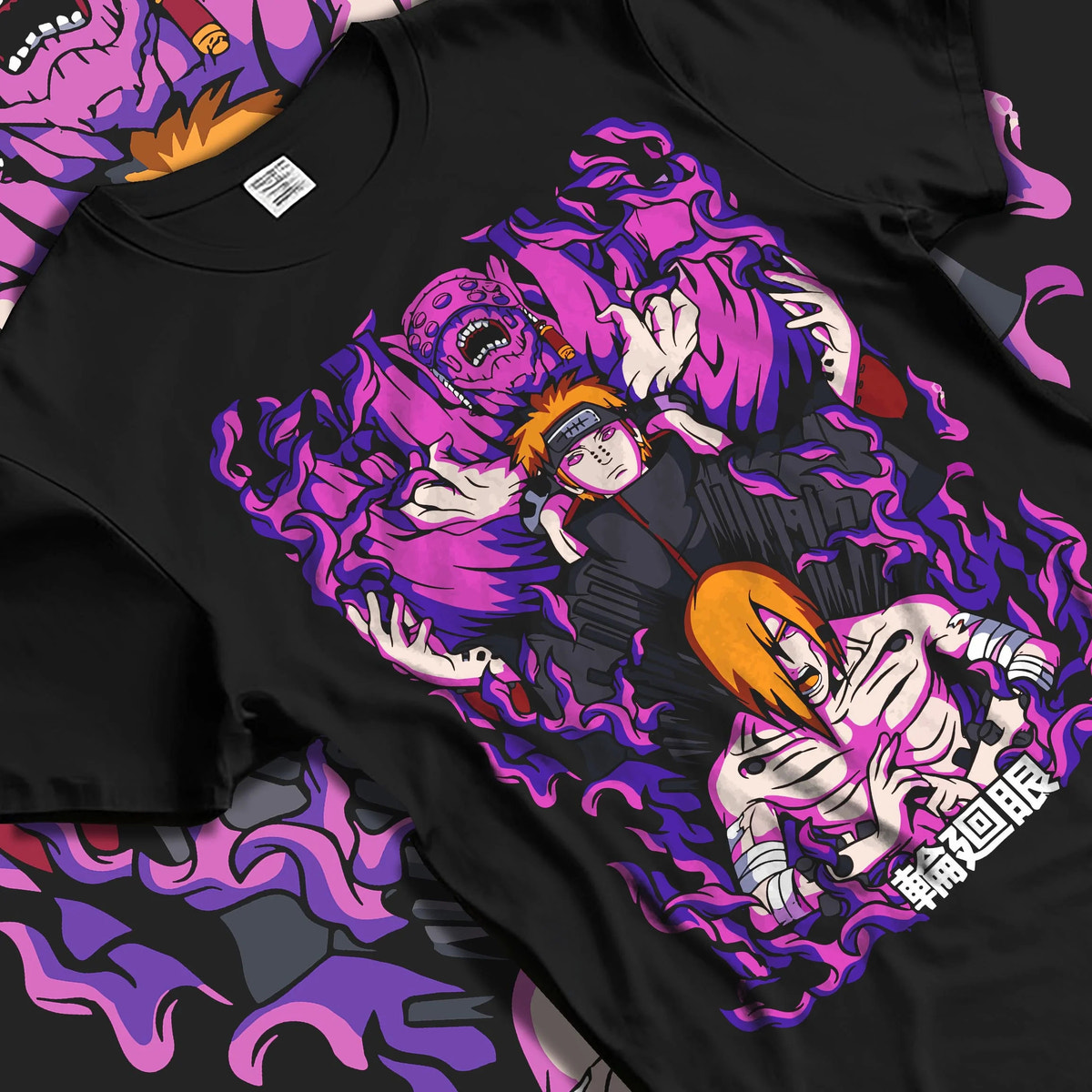 Black T-shirt laid flat with natural folds featuring Pain Naruto Deva Path Almighty Push artwork.