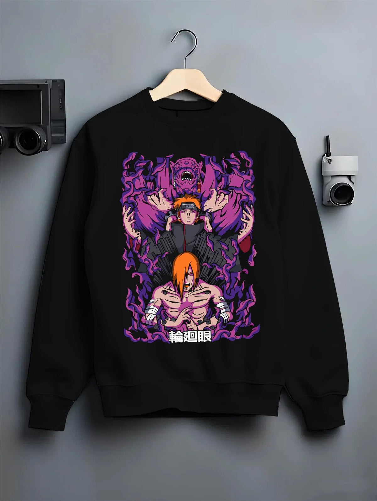 Black crewneck sweatshirt on hanger featuring Pain Naruto Deva Path Almighty Push artwork.