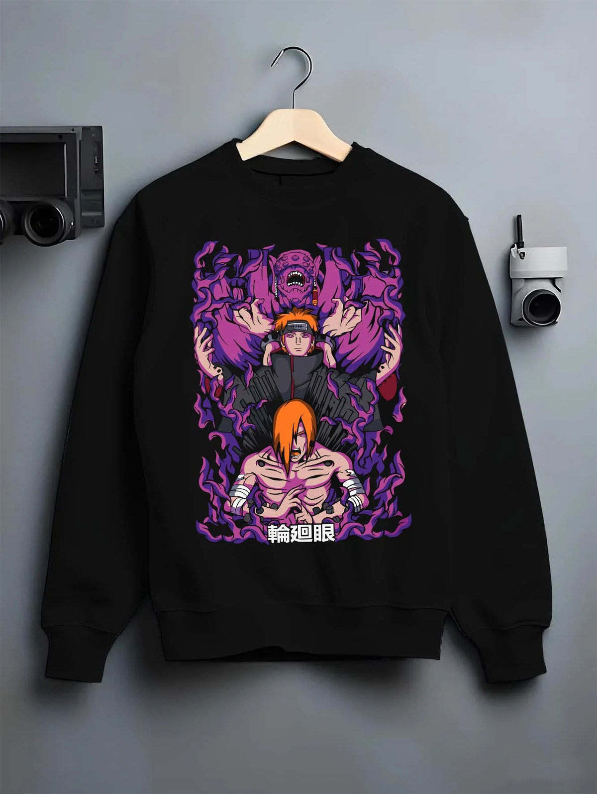Black crewneck sweatshirt on hanger featuring Pain Naruto Deva Path Almighty Push artwork.