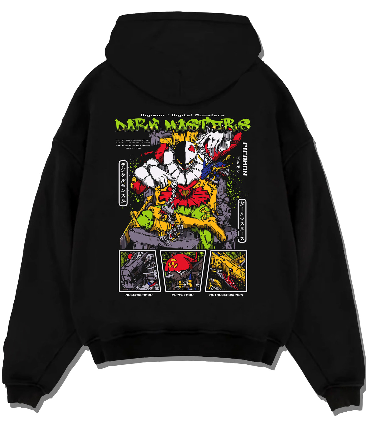Black hoodie flat back view with Digimon Dark Masters villains collage illustrated back graphic