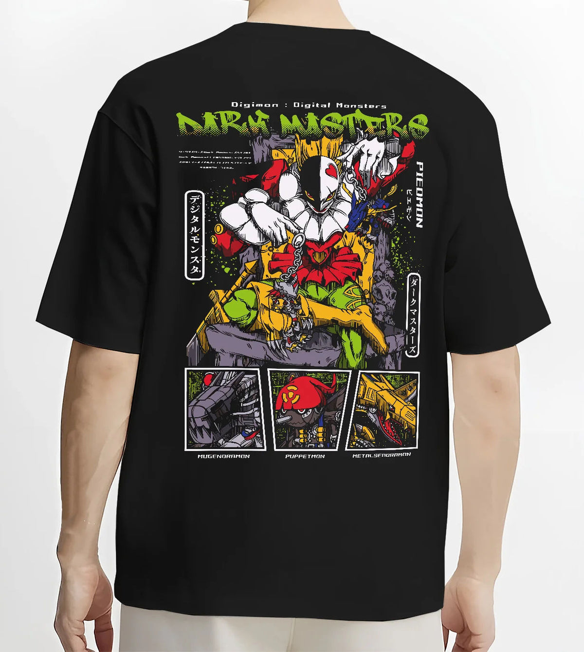Black T-shirt model back view with Digimon Dark Masters villains collage illustrated back graphic