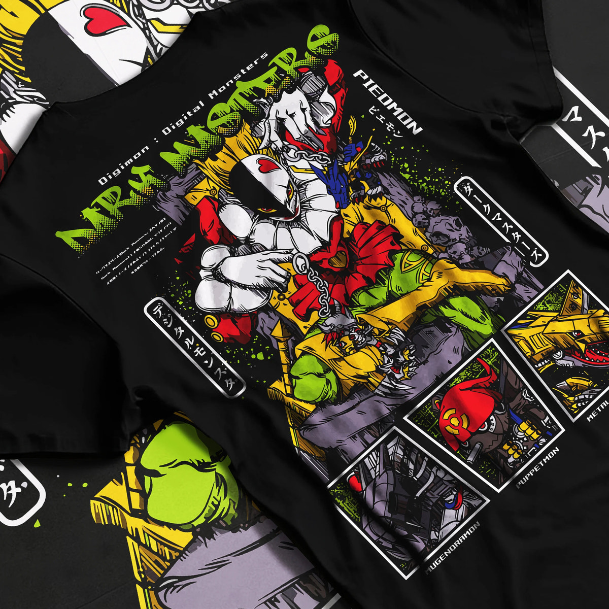 Black T-shirt flat back view with Digimon Dark Masters villains collage illustrated back graphic