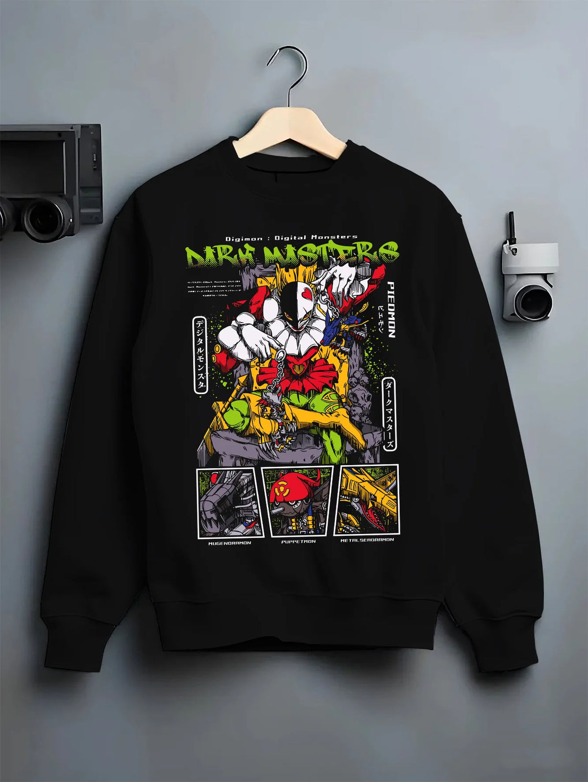Black crewneck sweatshirt on hanger with Digimon Dark Masters villains collage illustrated back graphic