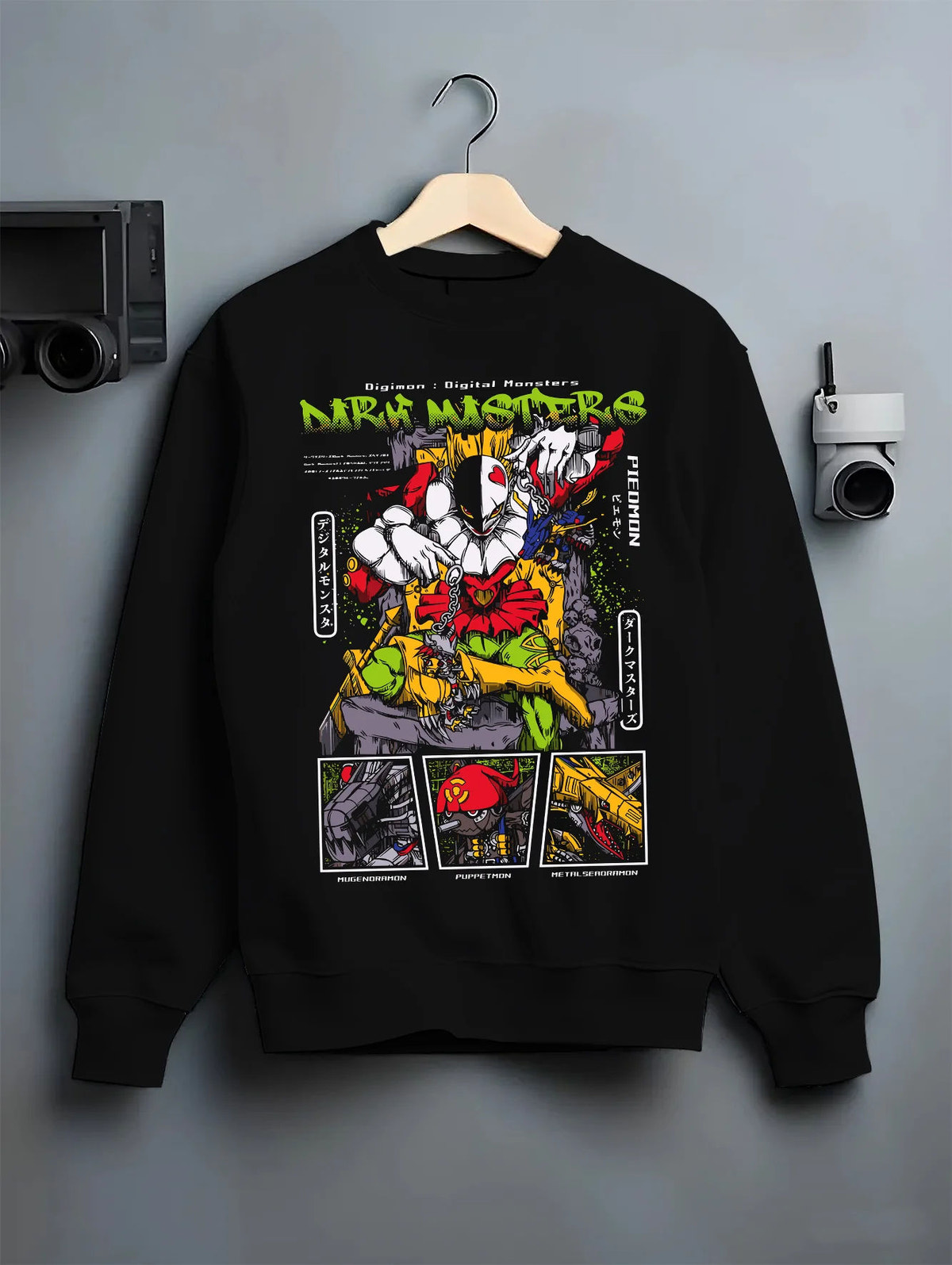 Black crewneck sweatshirt on hanger with Digimon Dark Masters villains collage illustrated back graphic
