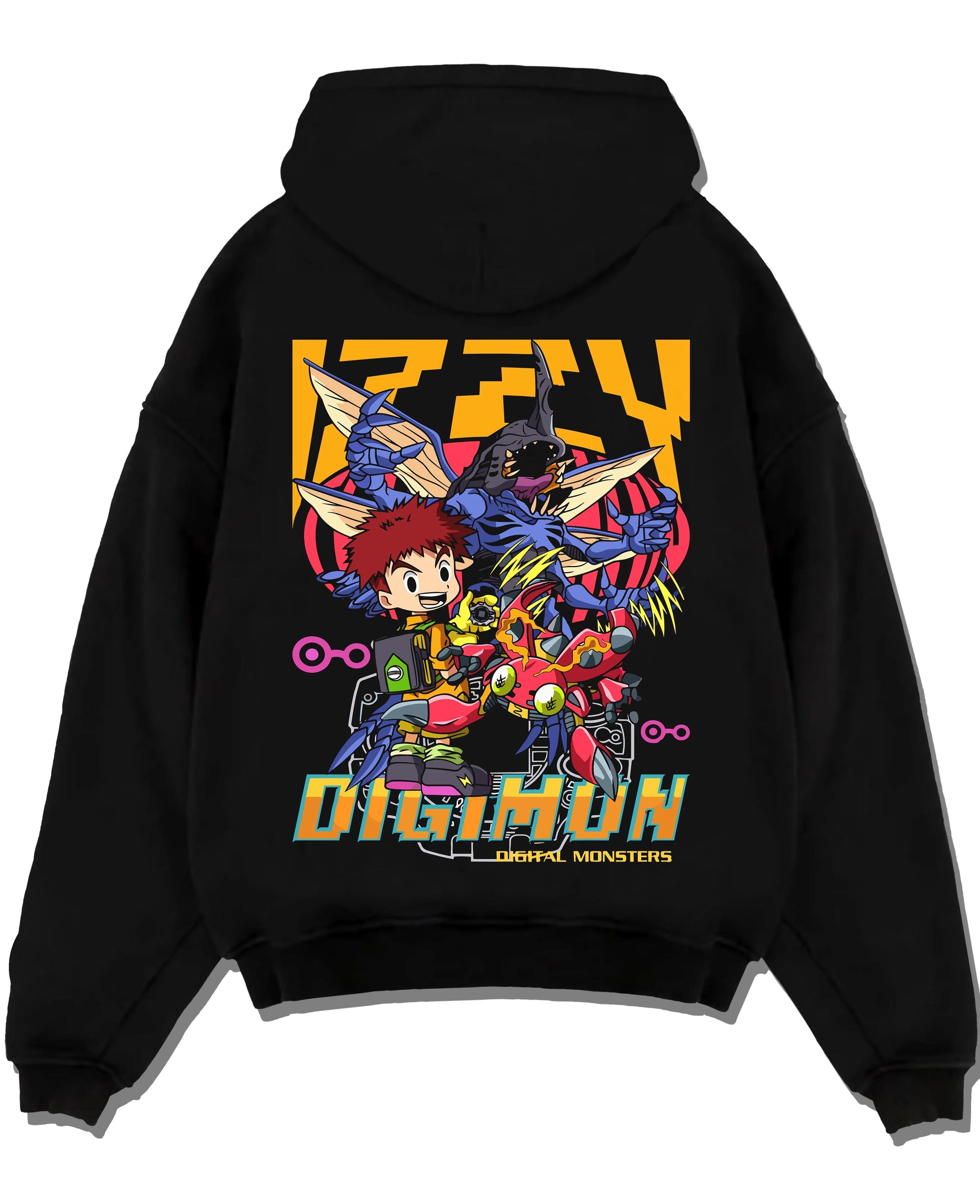 Black pullover hoodie laid flat with Digimon Hoodie Tai and Agumon Digital Monsters Print graphic premium wear.