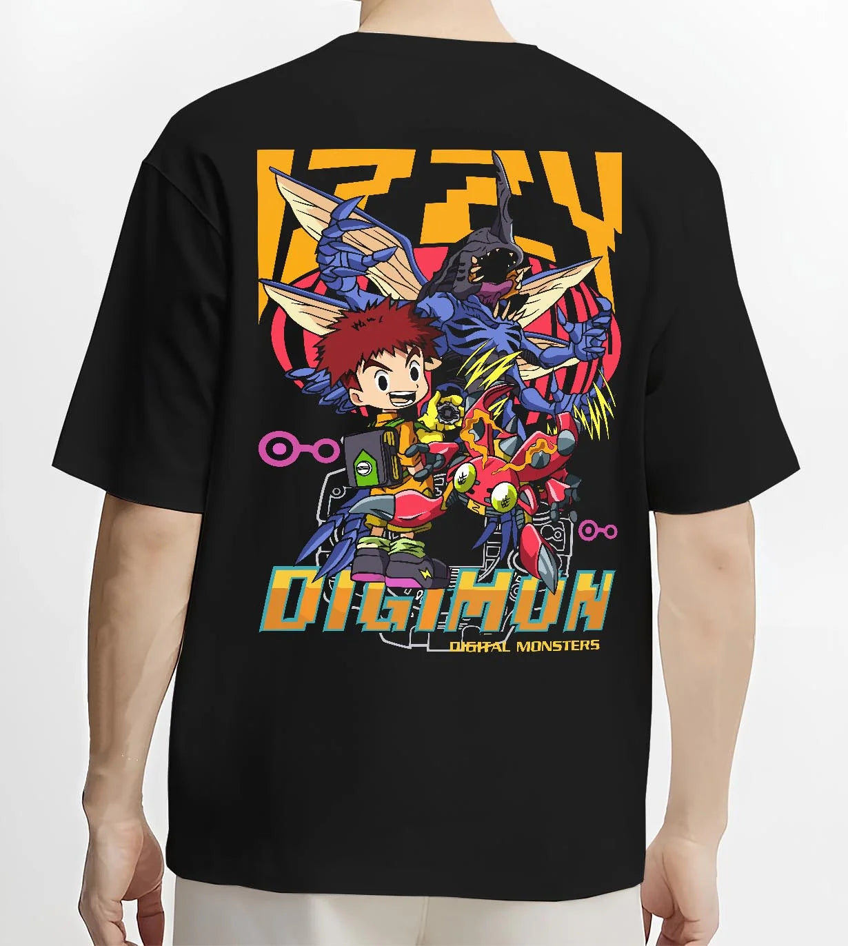 Black T-shirt worn by male model, back view with Digimon Hoodie Tai and Agumon Digital Monsters Print graphic streetwear graphic.