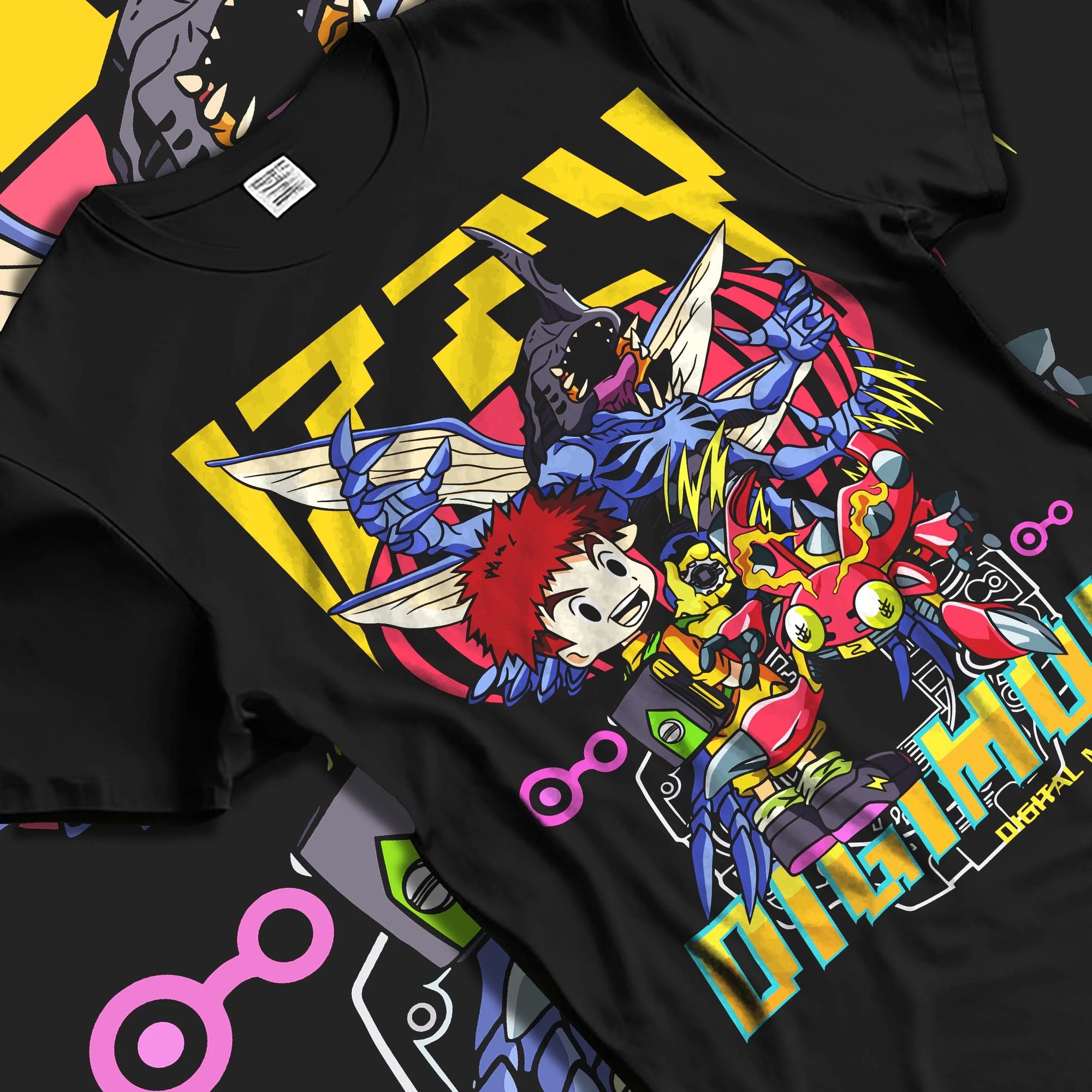 Black T-shirt laid flat with natural folds with Digimon Hoodie Tai and Agumon Digital Monsters Print graphic bold anime graphic.