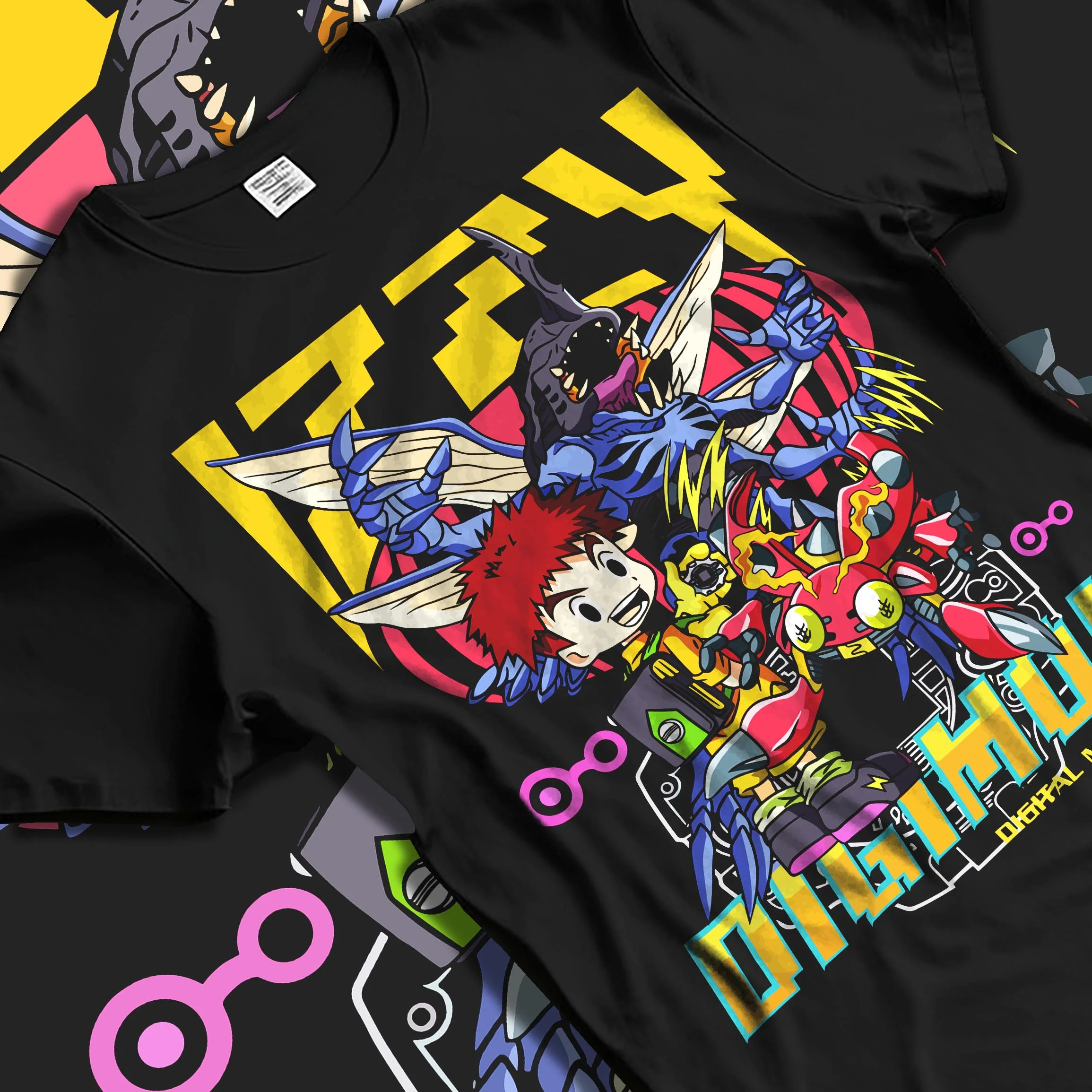 Black T-shirt laid flat with natural folds with Digimon Hoodie Tai and Agumon Digital Monsters Print graphic bold anime graphic.