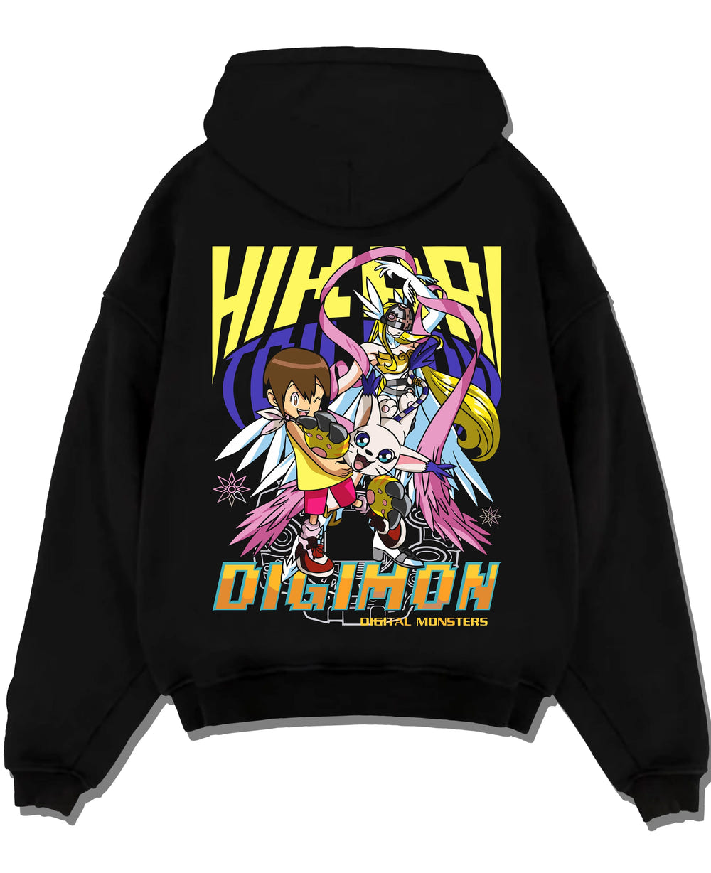 Black pullover hoodie laid flat with Digimon Hoodie Kari with Gatomon Retro Partner Print graphic streetwear graphic.
