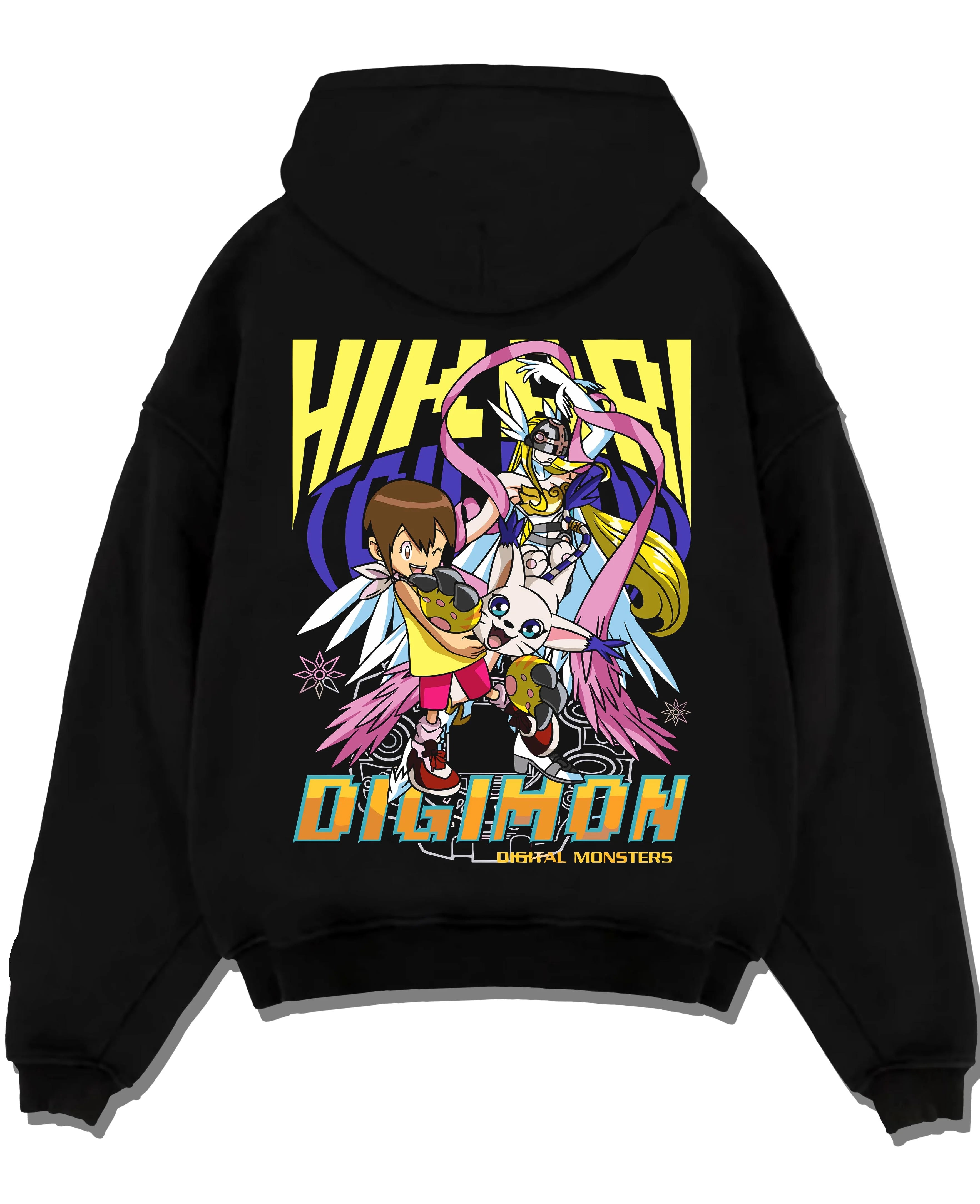 Black pullover hoodie laid flat with Digimon Hoodie Kari with Gatomon Retro Partner Print graphic streetwear graphic.
