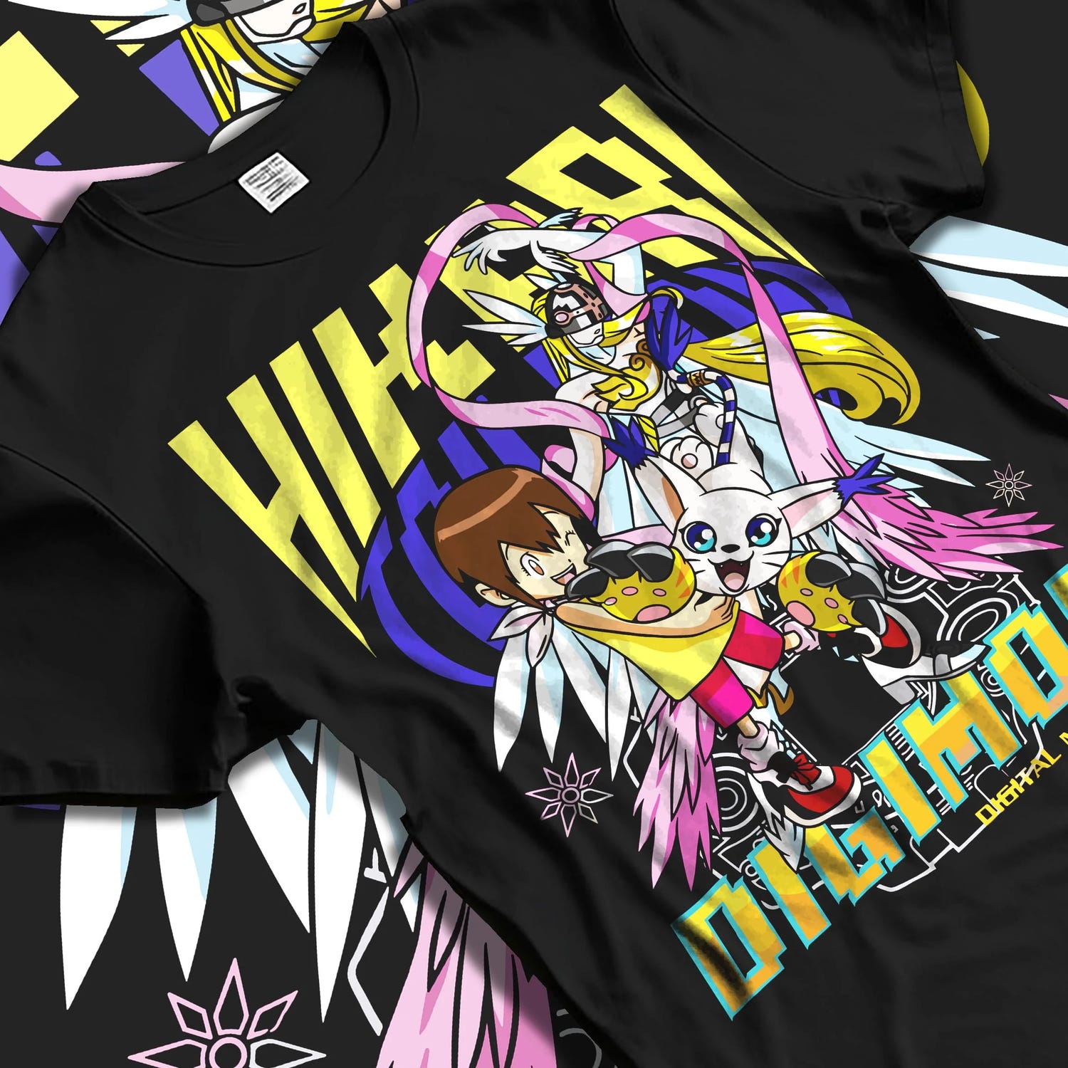 Black T-shirt laid flat with natural folds with Digimon Hoodie Kari with Gatomon Retro Partner Print graphic bold anime graphic.