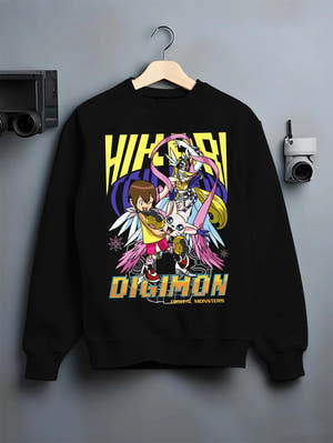 Black crewneck sweatshirt on hanger with Digimon Hoodie Kari with Gatomon Retro Partner Print graphic bold anime graphic.