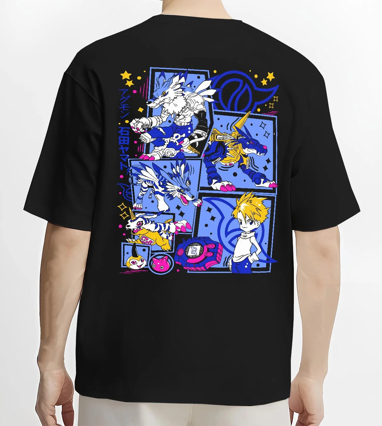 Black T-shirt worn by male model, back view with Digimon Hoodie Matt and Gabumon Battle Retro Poster graphic streetwear graphic.