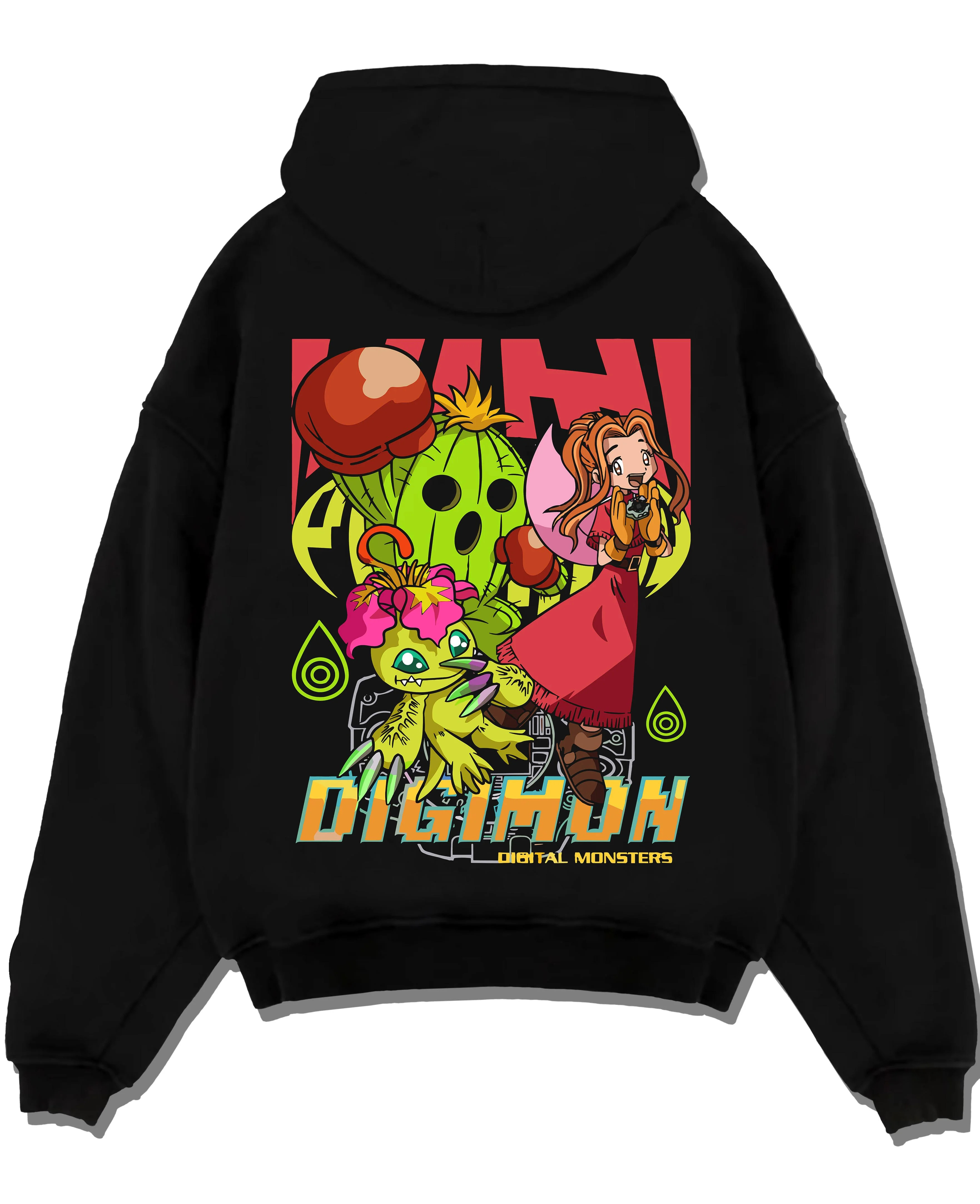 Black pullover hoodie laid flat with Digimon Hoodie Mimi with Palmon Retro Partner Print graphic premium wear.