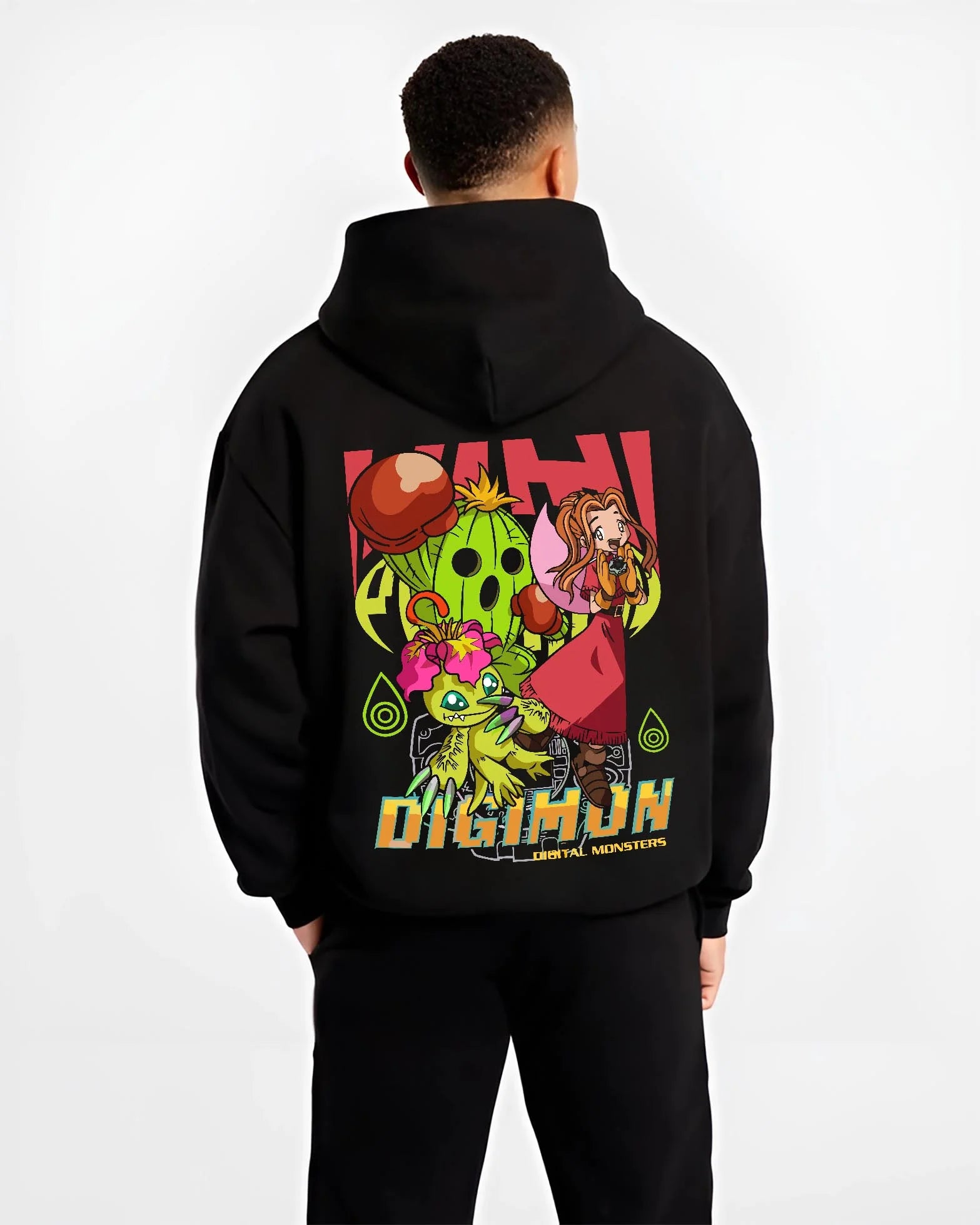 Black hoodie worn by male model, back view with Digimon Hoodie Mimi with Palmon Retro Partner Print graphic streetwear graphic.