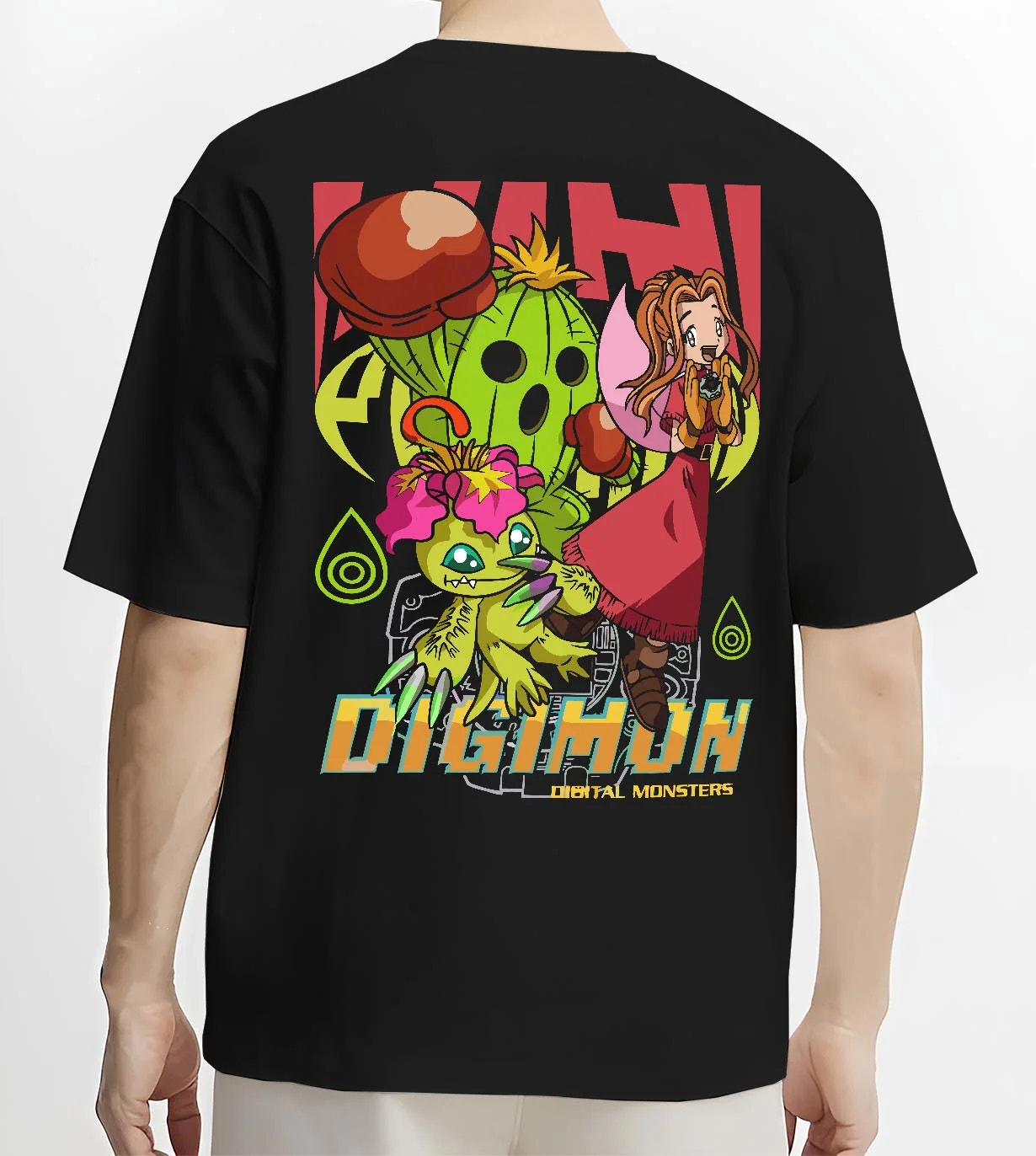 Black T-shirt worn by male model, back view with Digimon Hoodie Mimi with Palmon Retro Partner Print graphic streetwear graphic.