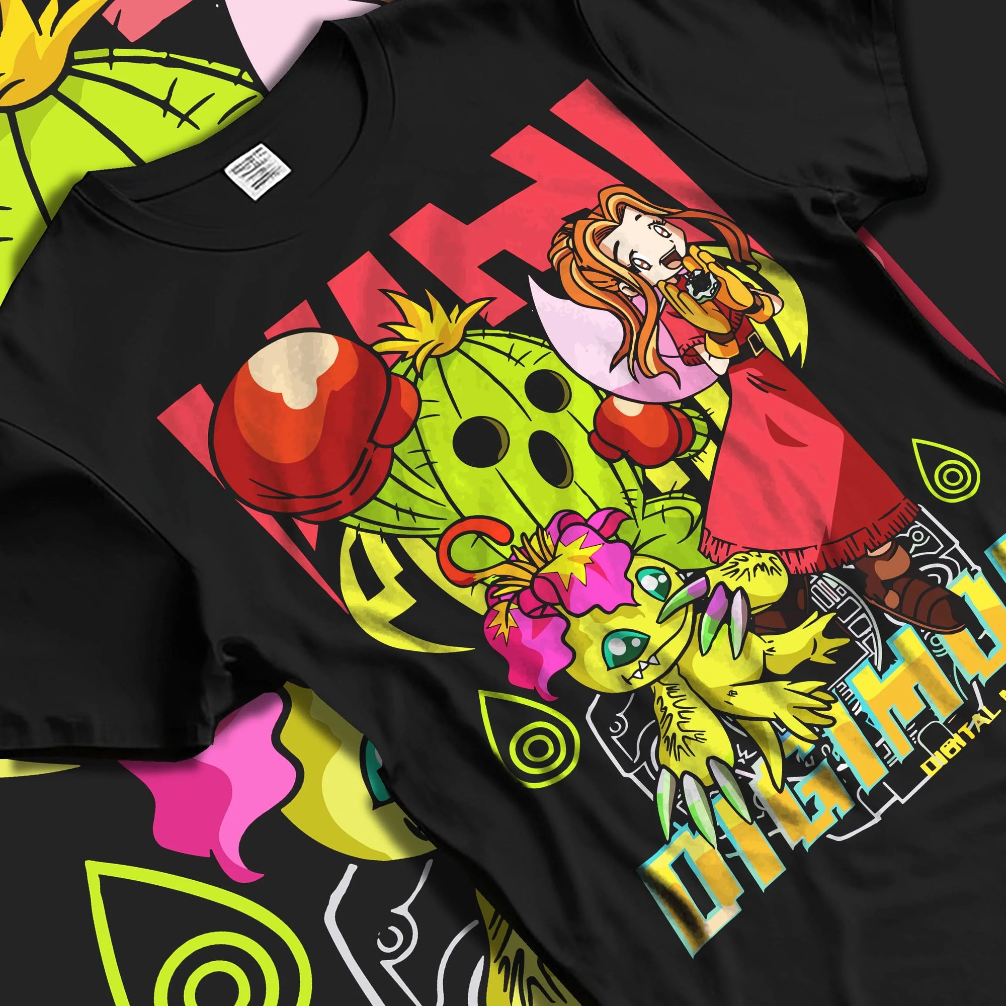 Black T-shirt laid flat with natural folds with Digimon Hoodie Mimi with Palmon Retro Partner Print graphic streetwear graphic.