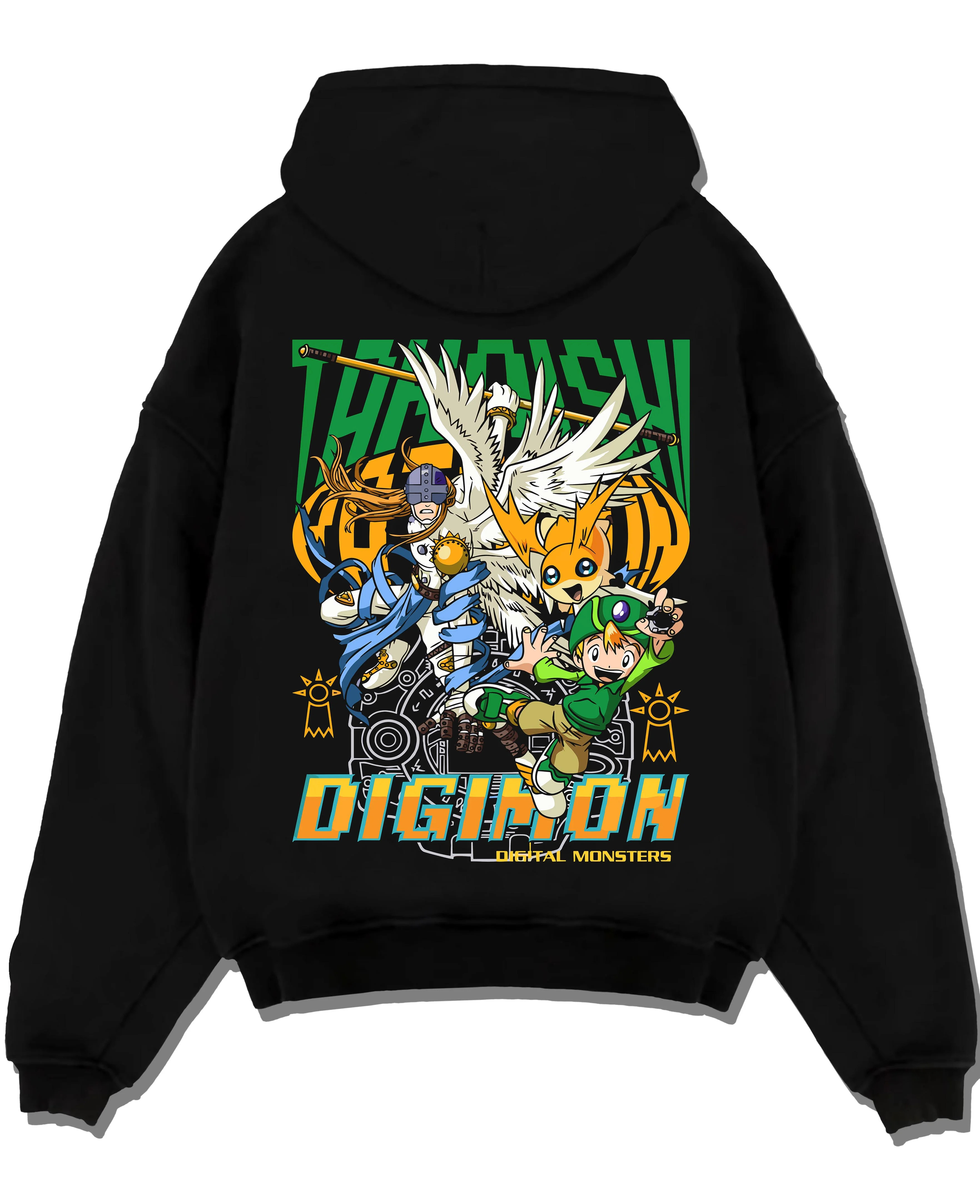 Black pullover hoodie laid flat with Digimon Hoodie Patamon Evolution Retro Anime Poster graphic premium wear.