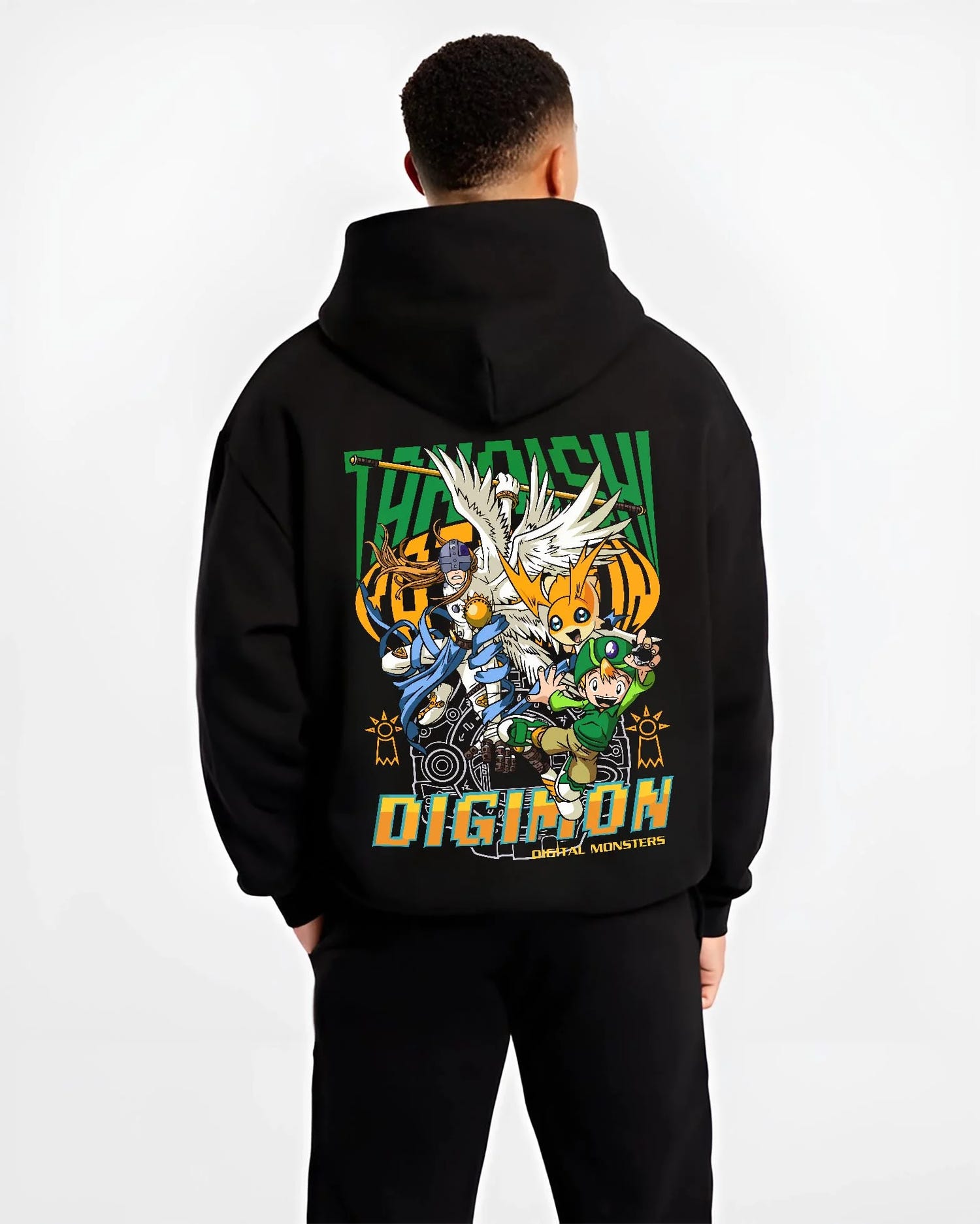 Black hoodie worn by male model, back view with Digimon Hoodie Patamon Evolution Retro Anime Poster graphic premium wear.
