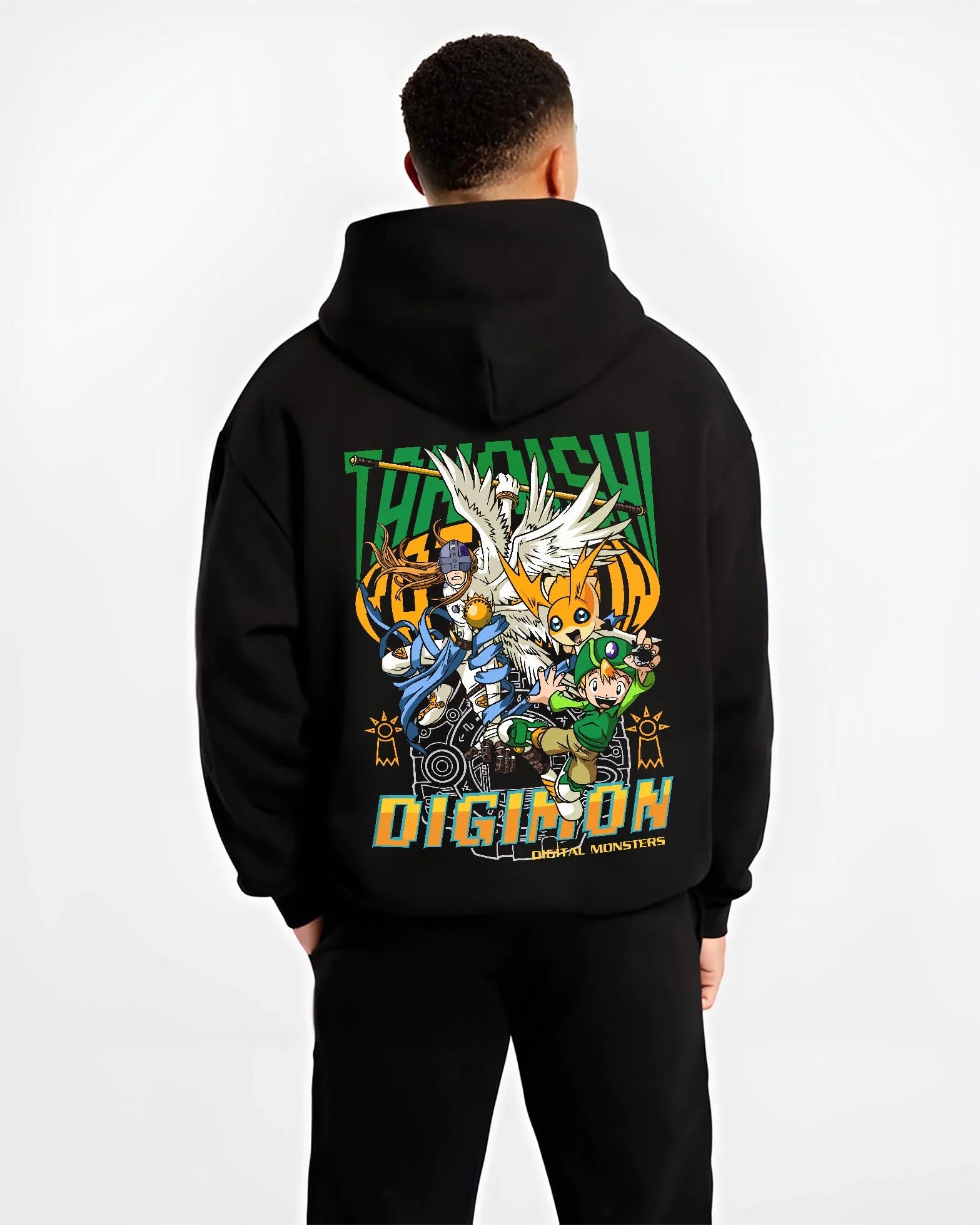 Black hoodie worn by male model, back view with Digimon Hoodie Patamon Evolution Retro Anime Poster graphic premium wear.