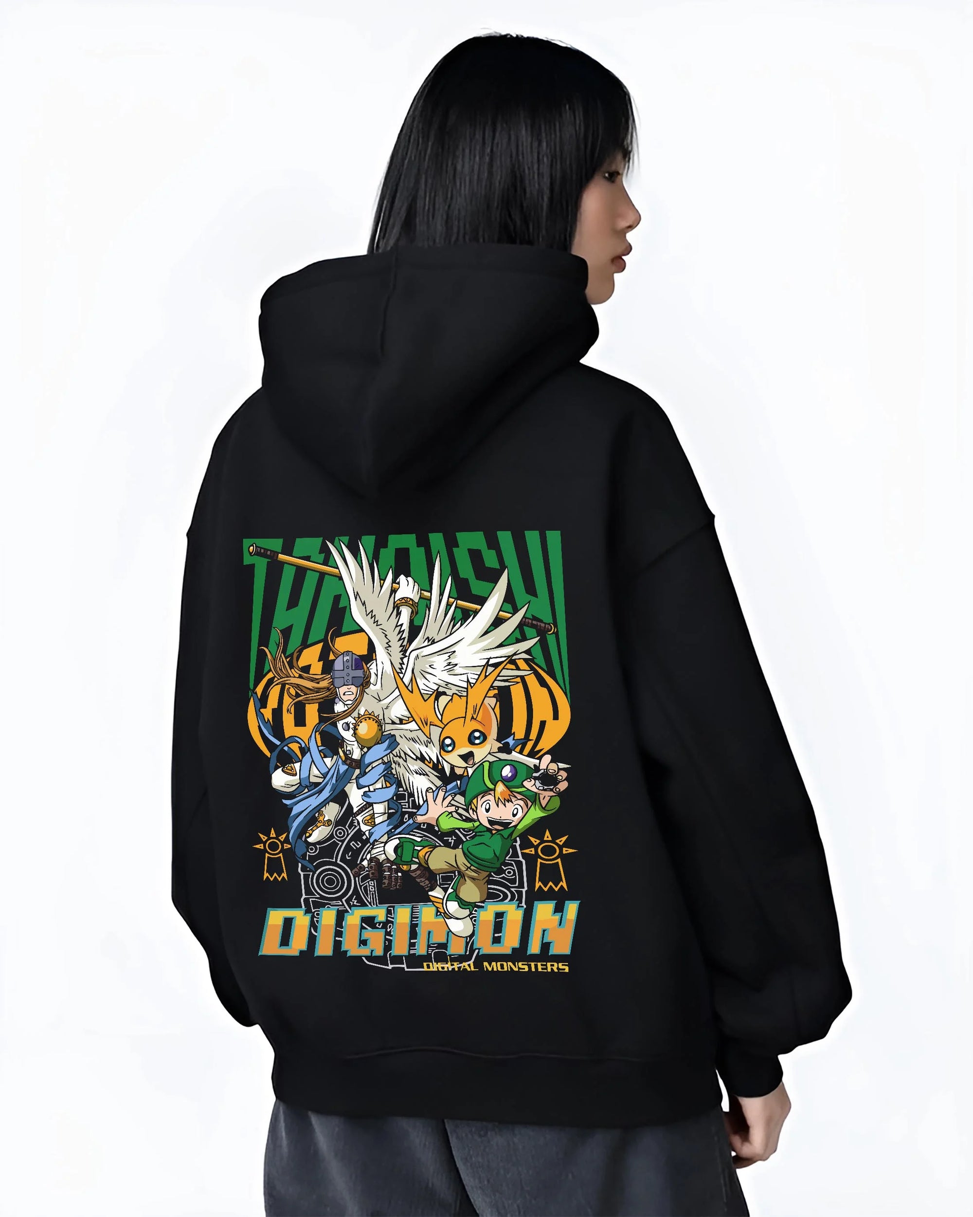 Black hoodie worn by female model, back view with Digimon Hoodie Patamon Evolution Retro Anime Poster graphic bold anime graphic.