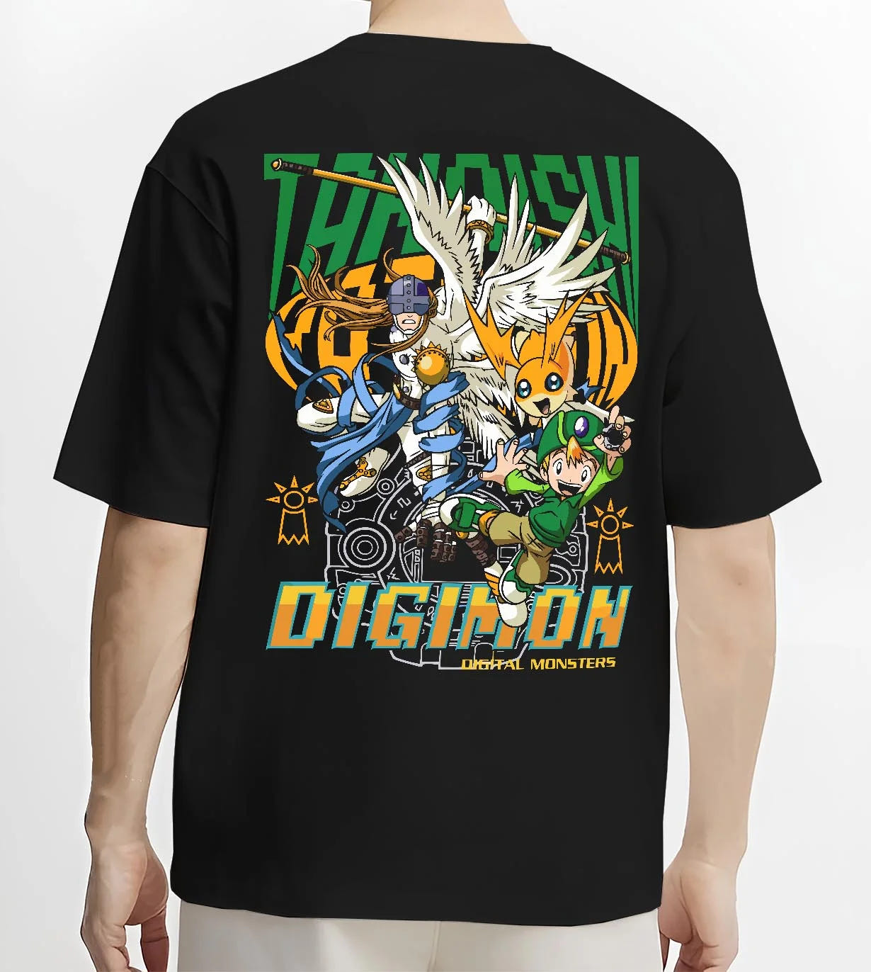 Black T-shirt worn by male model, back view with Digimon Hoodie Patamon Evolution Retro Anime Poster graphic premium wear.
