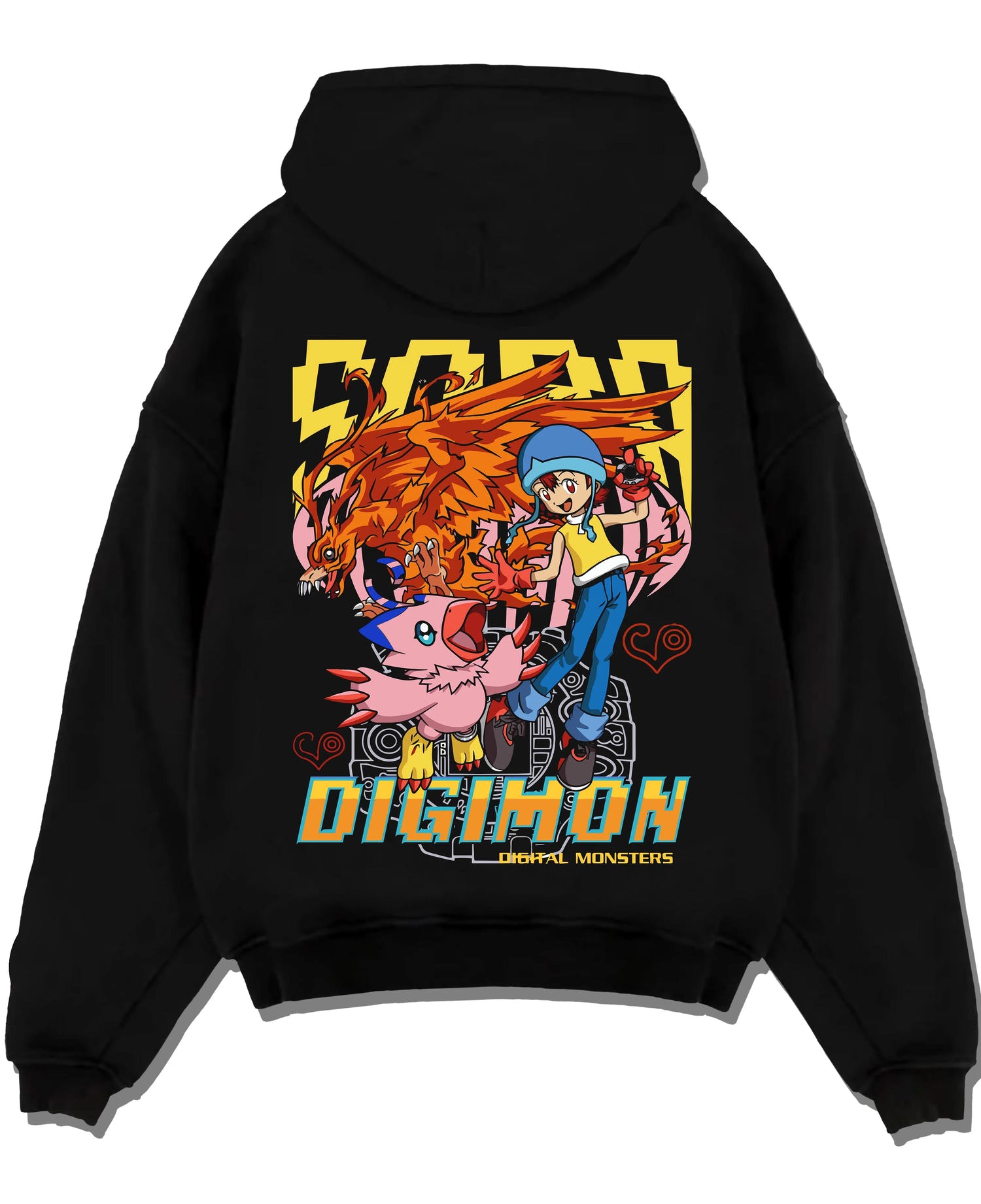 Black pullover hoodie laid flat with Digimon Hoodie Sora with Biyomon Retro Partner Print graphic premium wear.