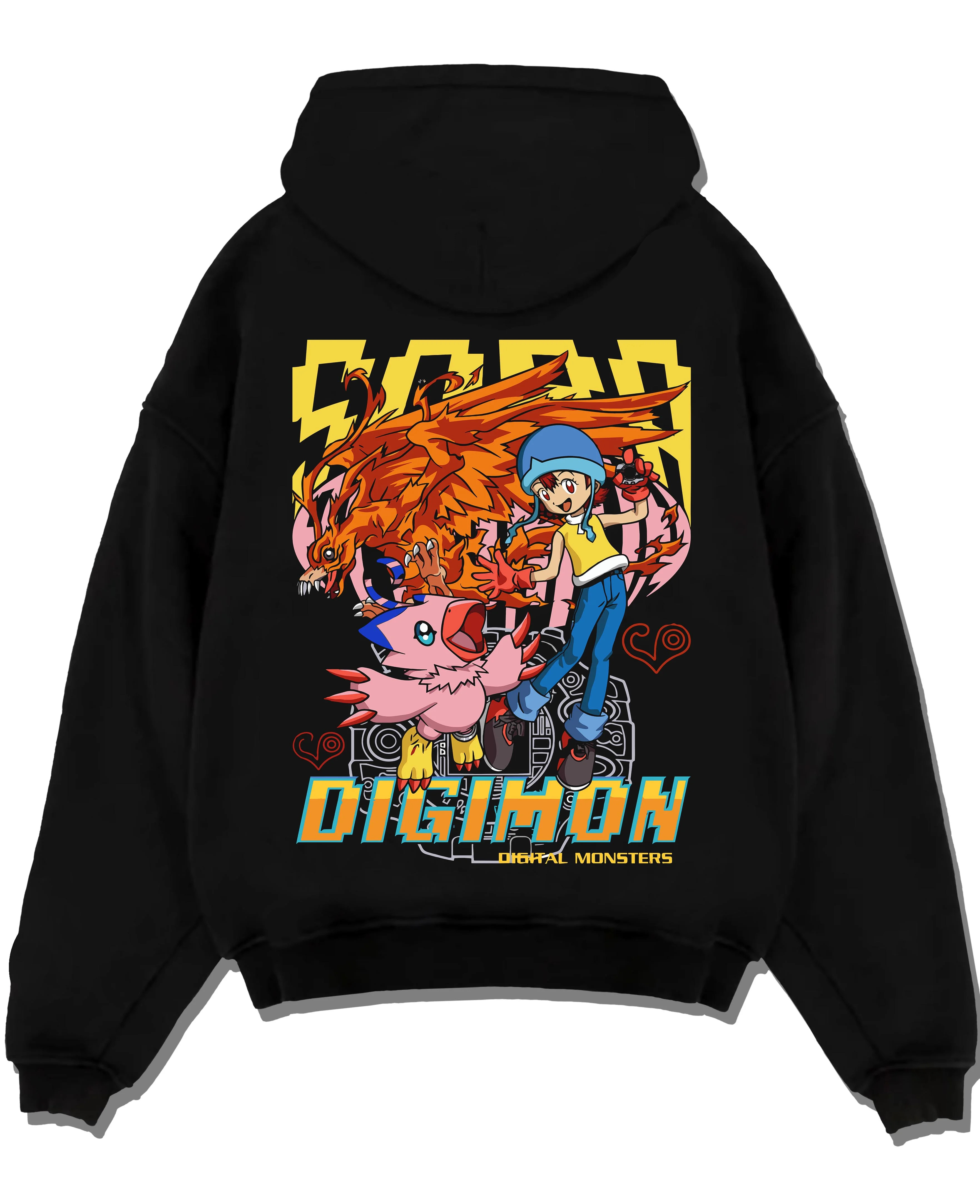 Black pullover hoodie laid flat with Digimon Hoodie Sora with Biyomon Retro Partner Print graphic premium wear.