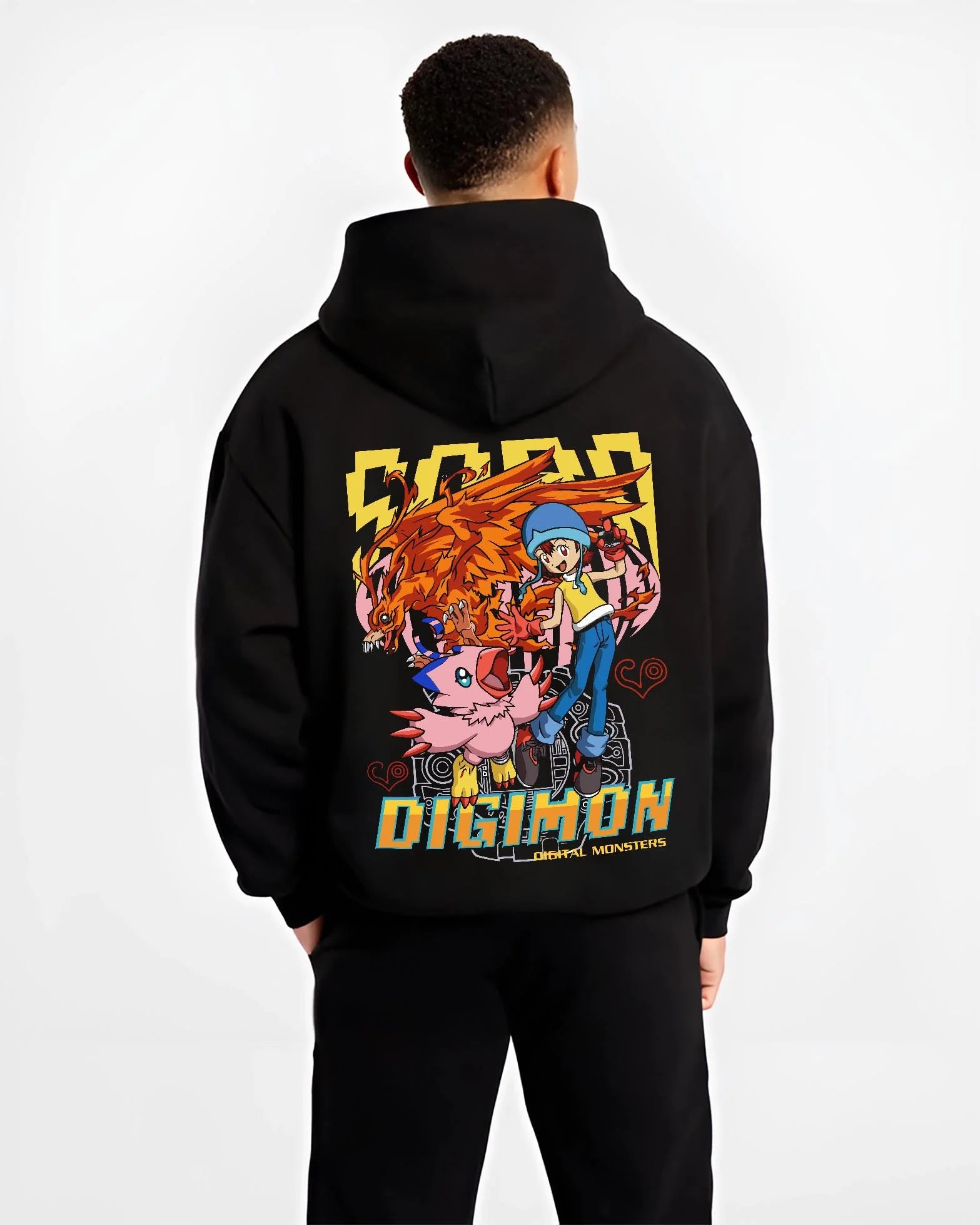 Black hoodie worn by male model, back view with Digimon Hoodie Sora with Biyomon Retro Partner Print graphic bold anime graphic.