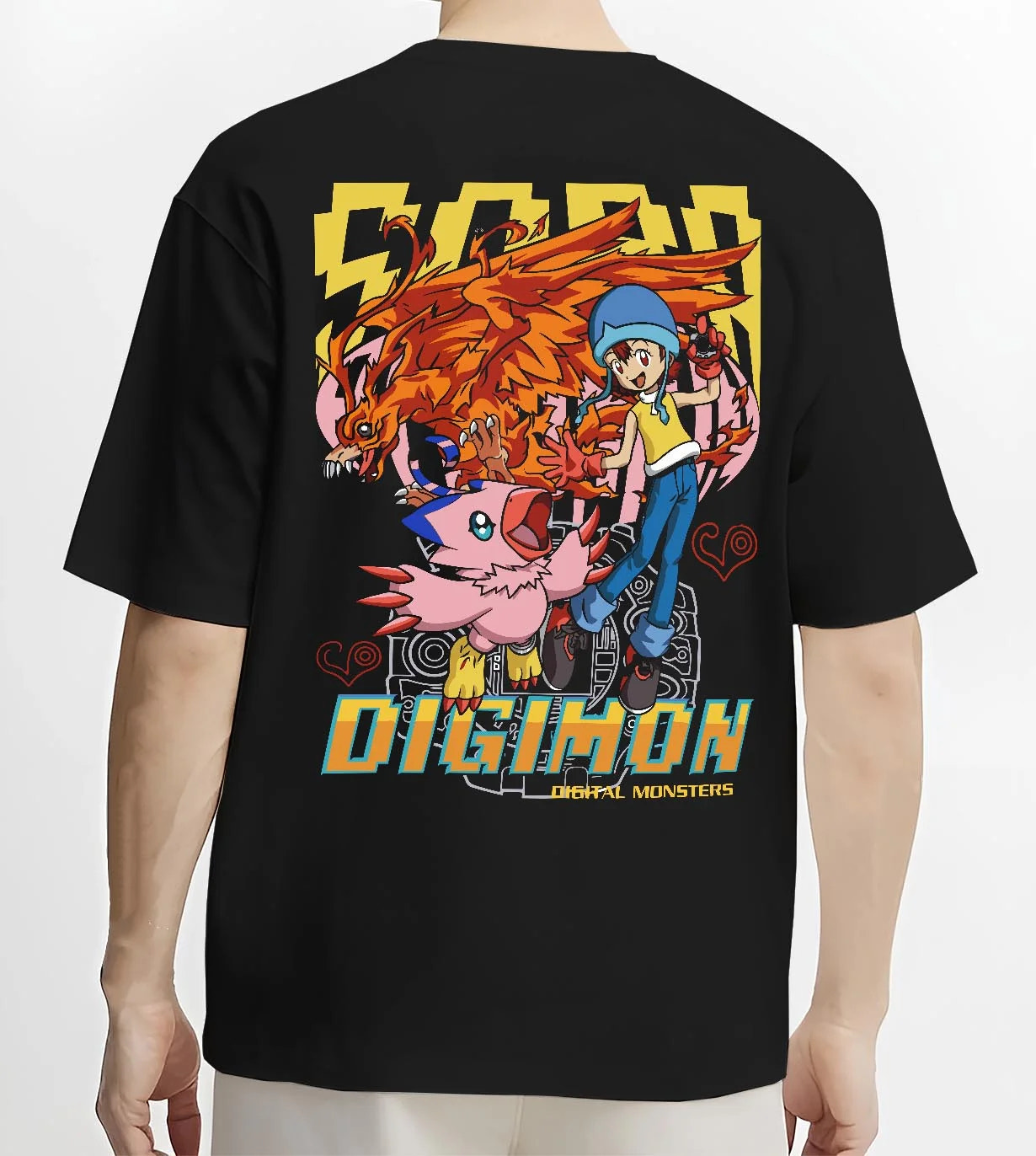 Black T-shirt worn by male model, back view with Digimon Hoodie Sora with Biyomon Retro Partner Print graphic premium wear.