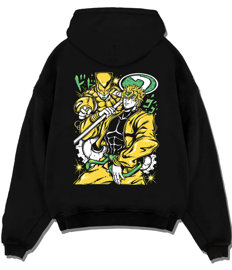 Black hoodie flat back view showing Dio Brando with The World Stand from JoJo’s Bizarre Adventure: gold JoJo art