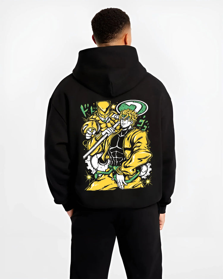 Black hoodie model back view showing Dio Brando with The World Stand from JoJo’s Bizarre Adventure: gold JoJo art