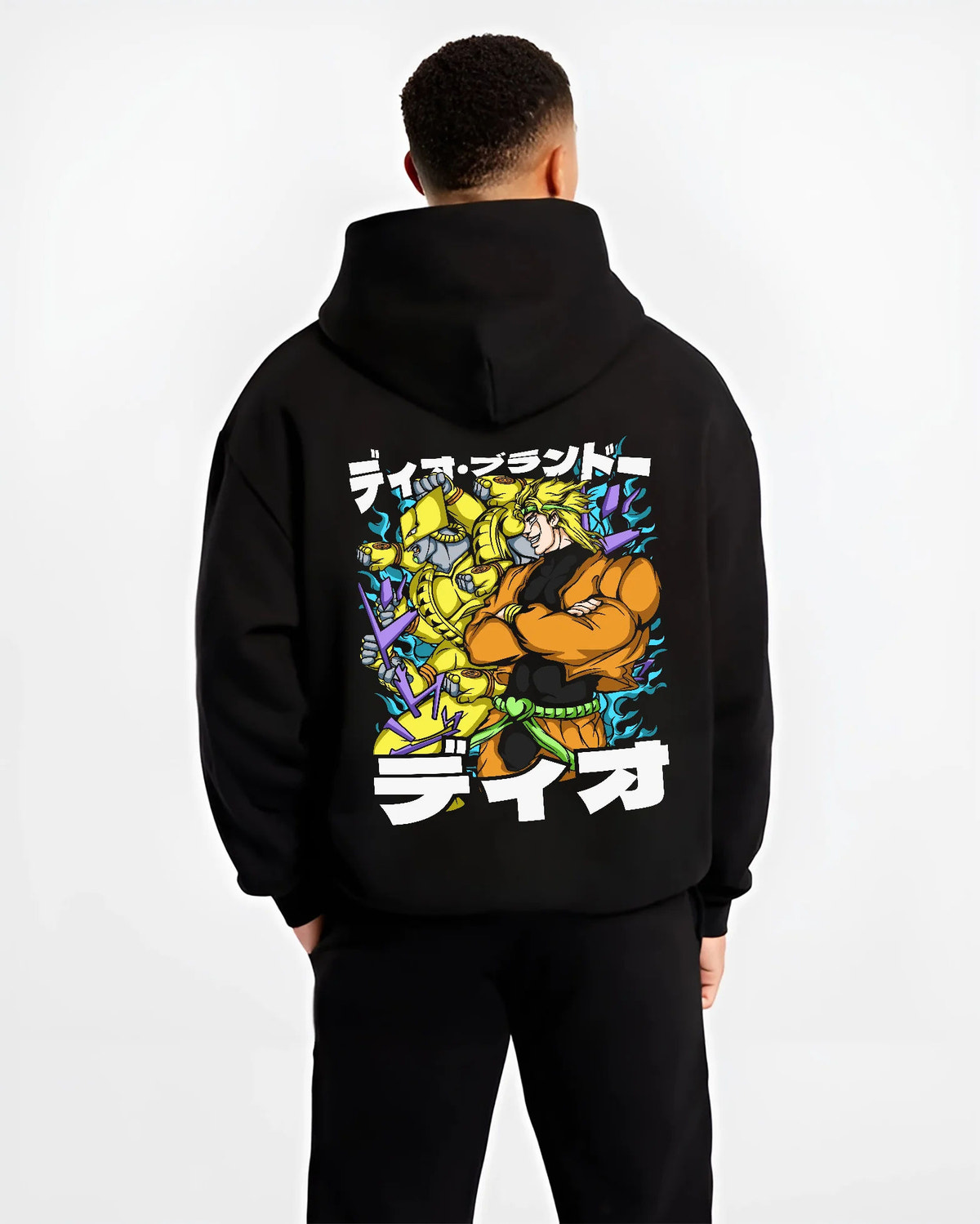 Black hoodie model back view showing Dio Brando with Jotaro Kujo from JoJo’s Bizarre Adventure: JoJo Stardust Crusaders