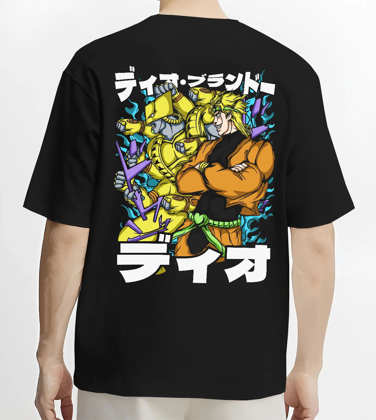 Black T-shirt model back view showing Dio Brando with Jotaro Kujo from JoJo’s Bizarre Adventure: JoJo Stardust Crusaders