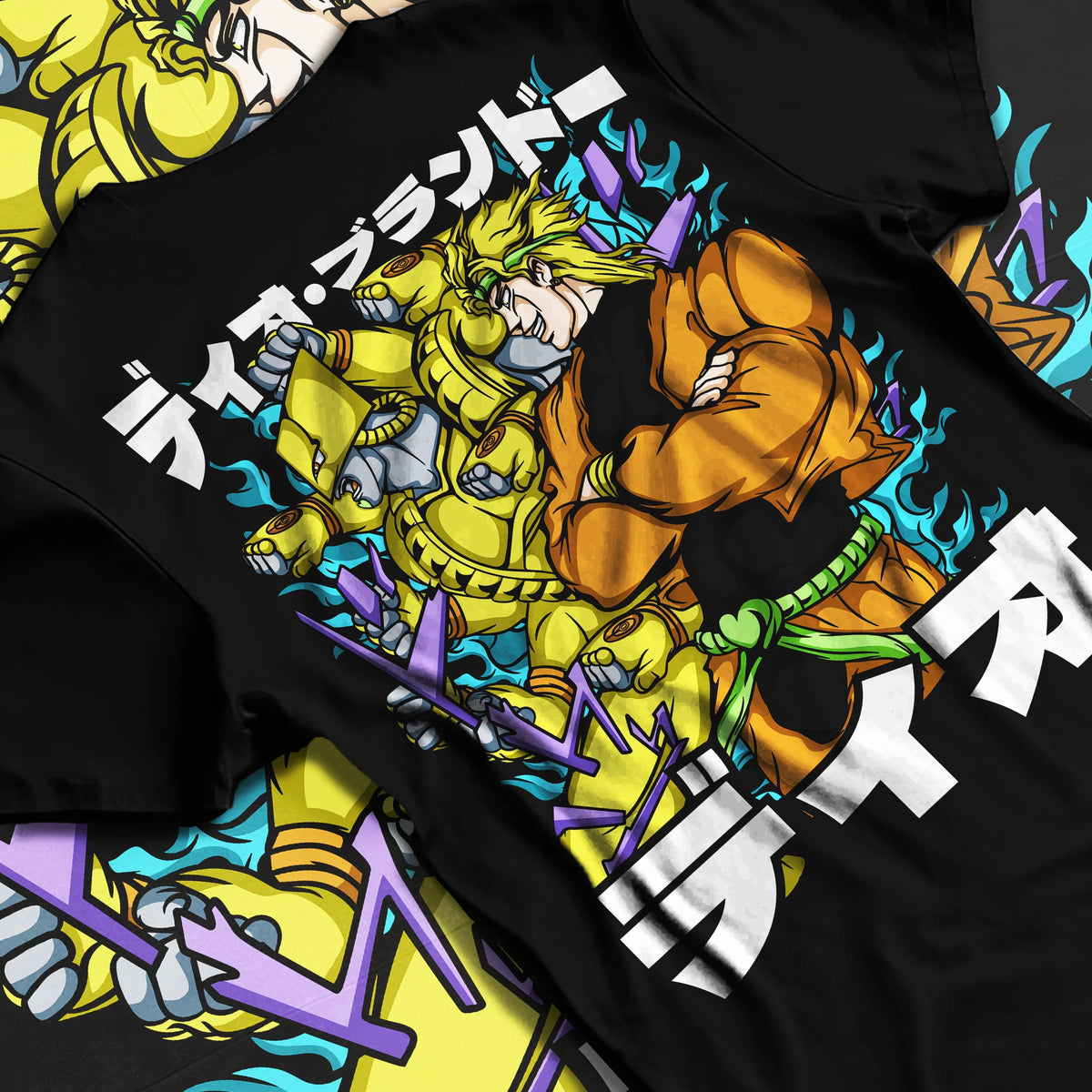 Black T-shirt flat back view showing Dio Brando with Jotaro Kujo from JoJo’s Bizarre Adventure: JoJo Stardust Crusaders